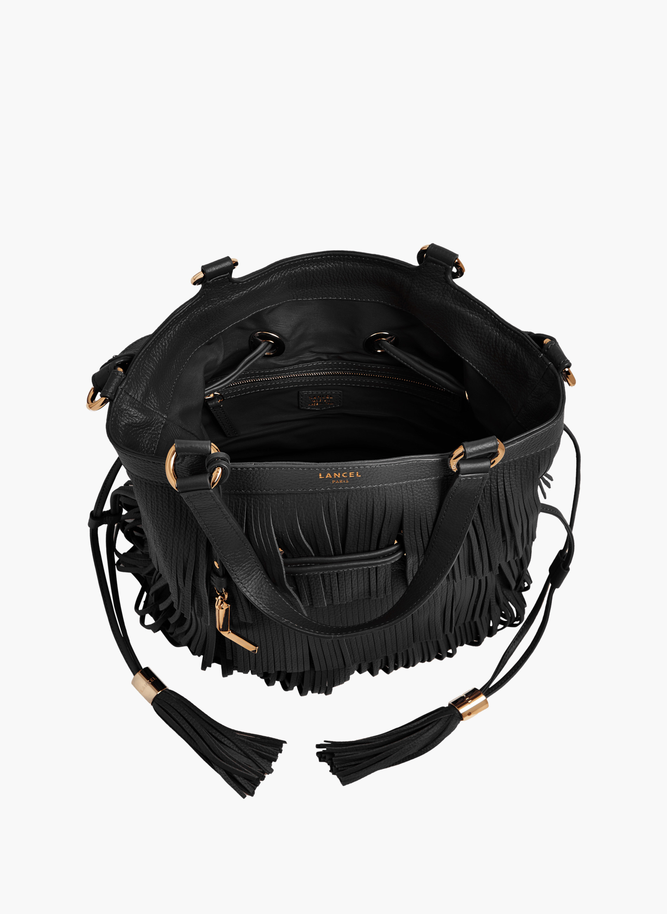 Sac seau premier flirt de lancel en animation 150y franges : cuir de vachette graine LANCEL Noir