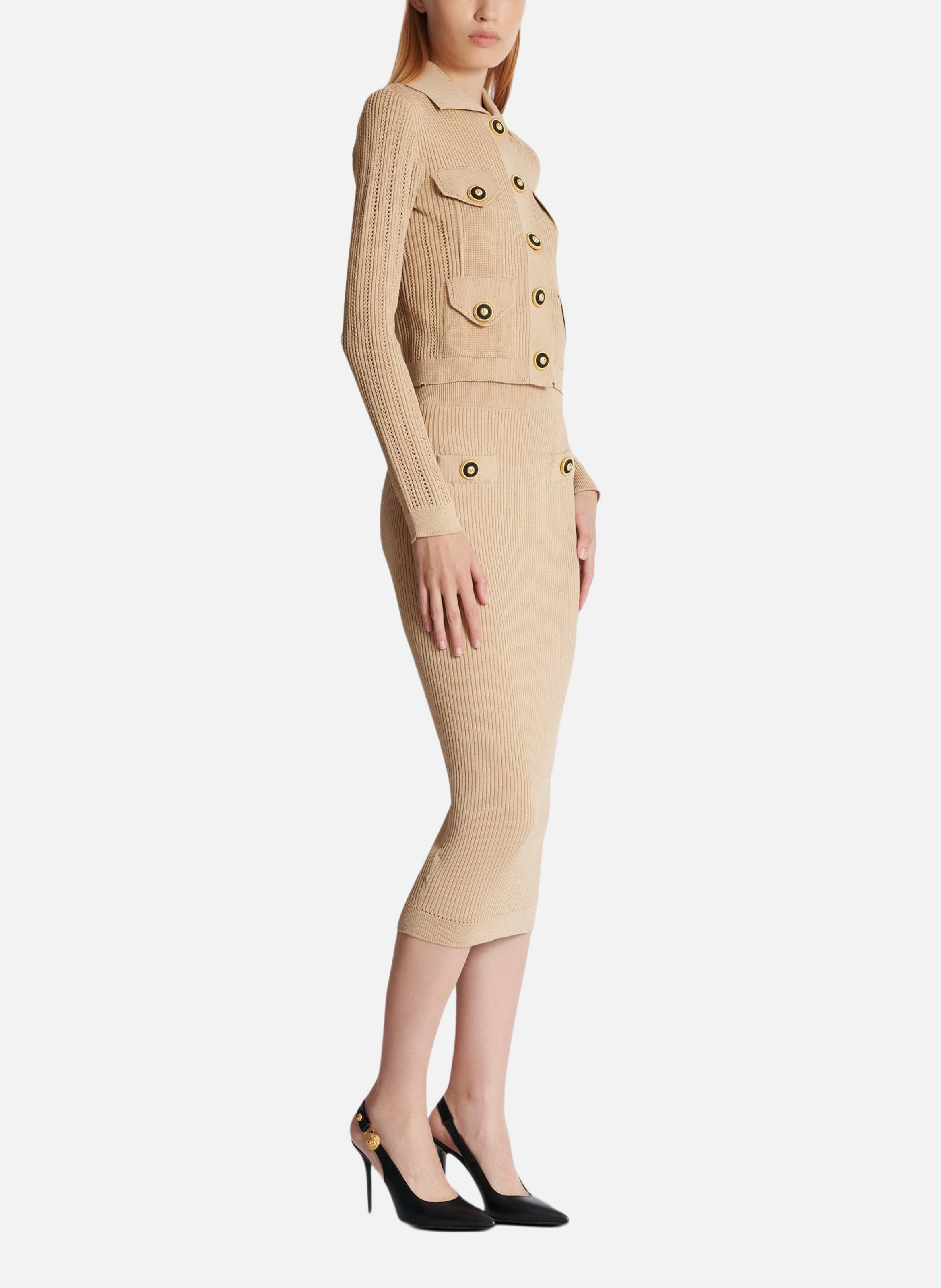 Cardigan court en maille côtelée et ajourée BALMAIN Beige