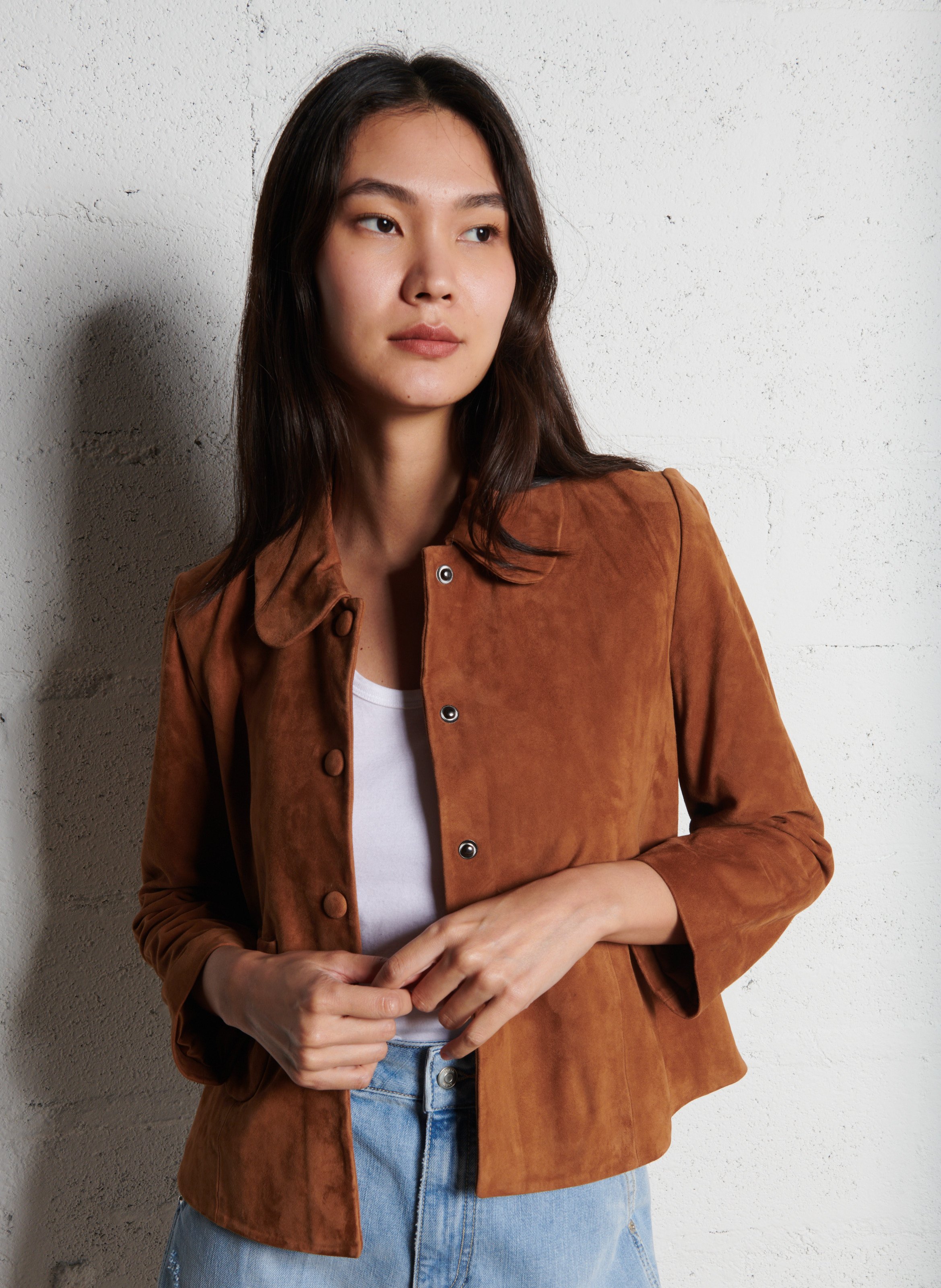 Veste courte en cuir velours milas BA&SH Marron