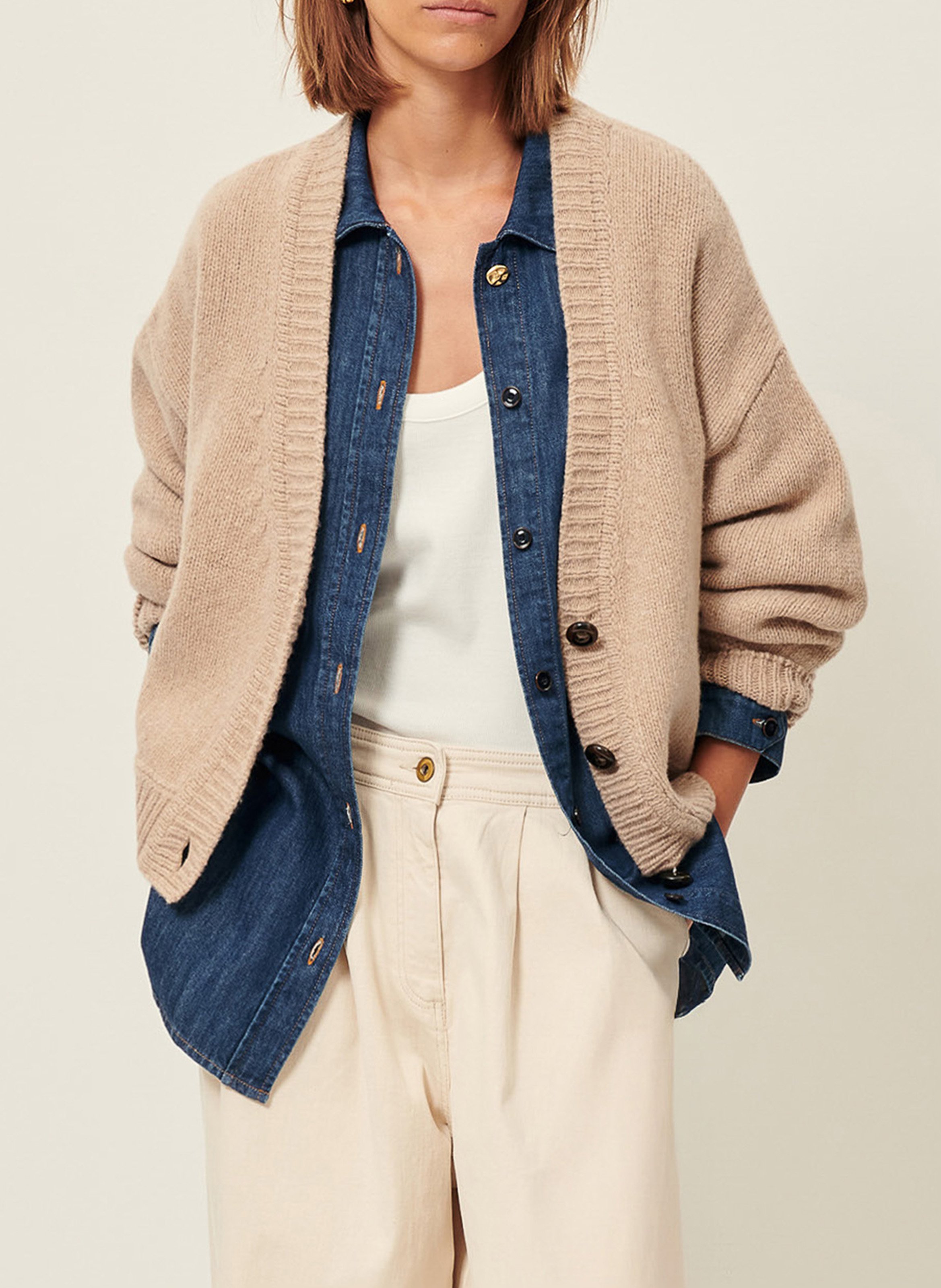 Cardigan oversize col v en laine serato SESSUN Beige