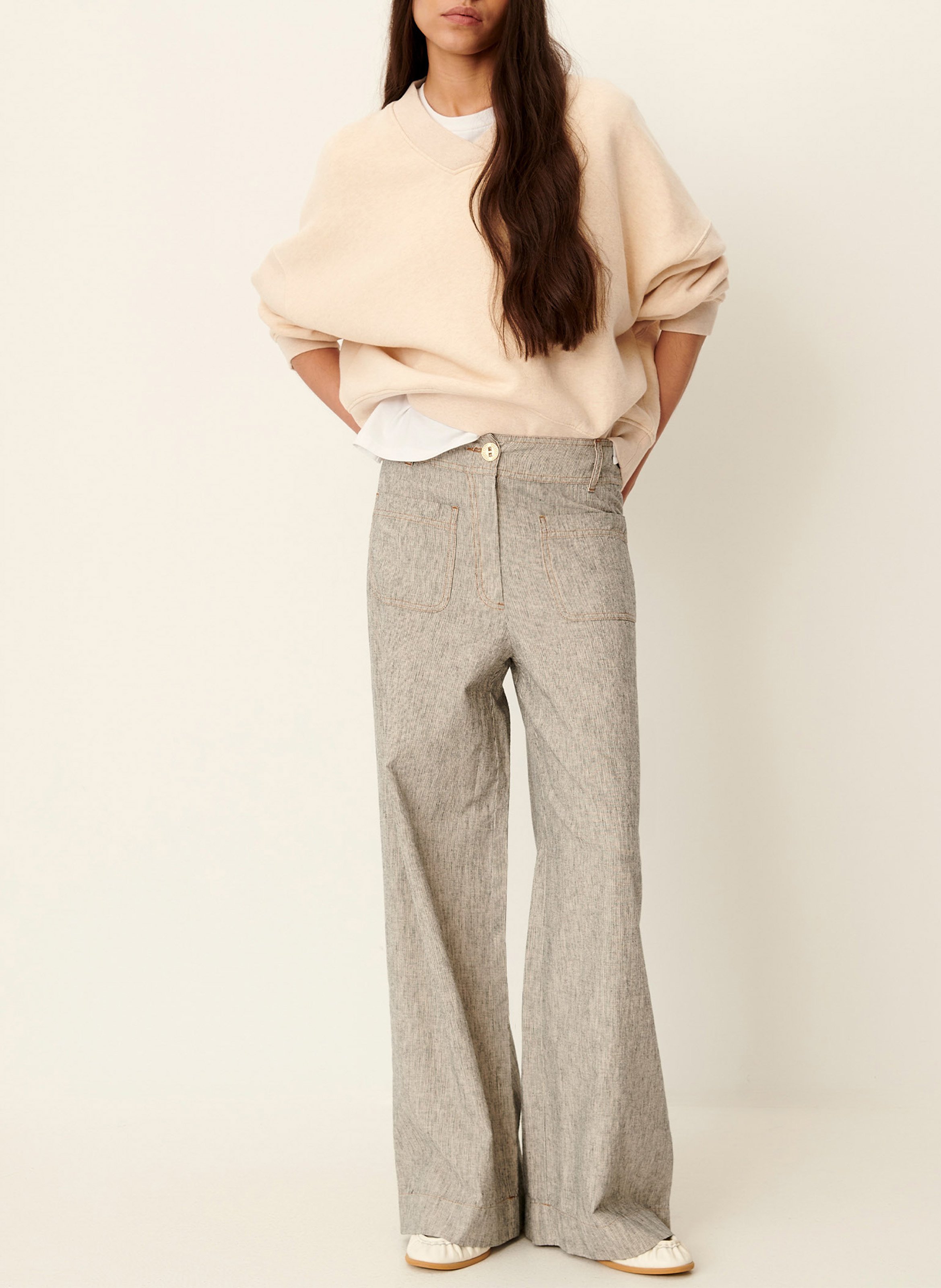 Pantalon large taille haute en lin et coton mélangé manhatti SESSUN Gris