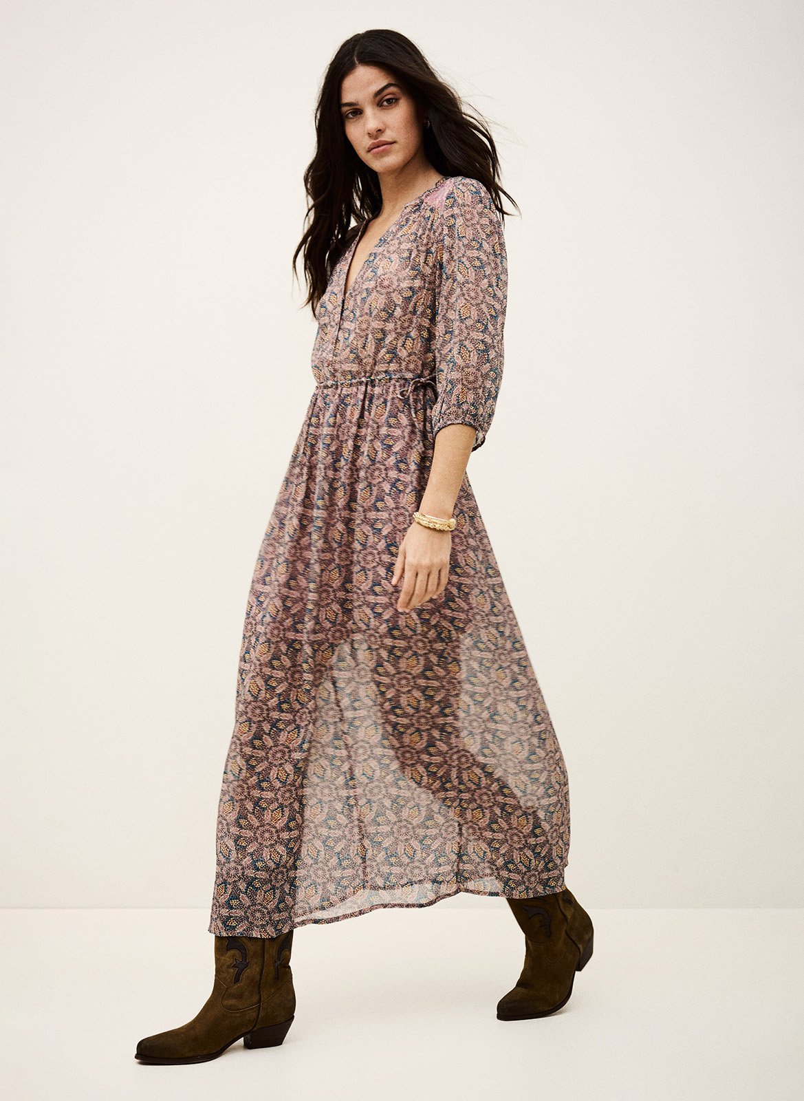 Midi jurk met V-hals en print Tizia BA&SH Beige