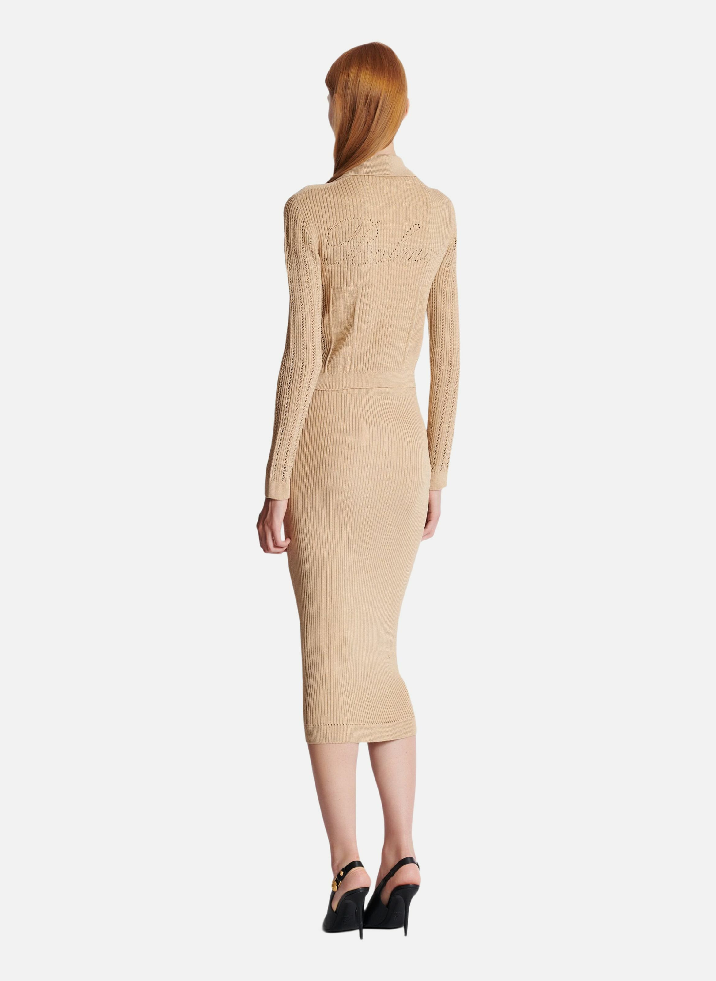 Cardigan court en maille côtelée et ajourée BALMAIN Beige