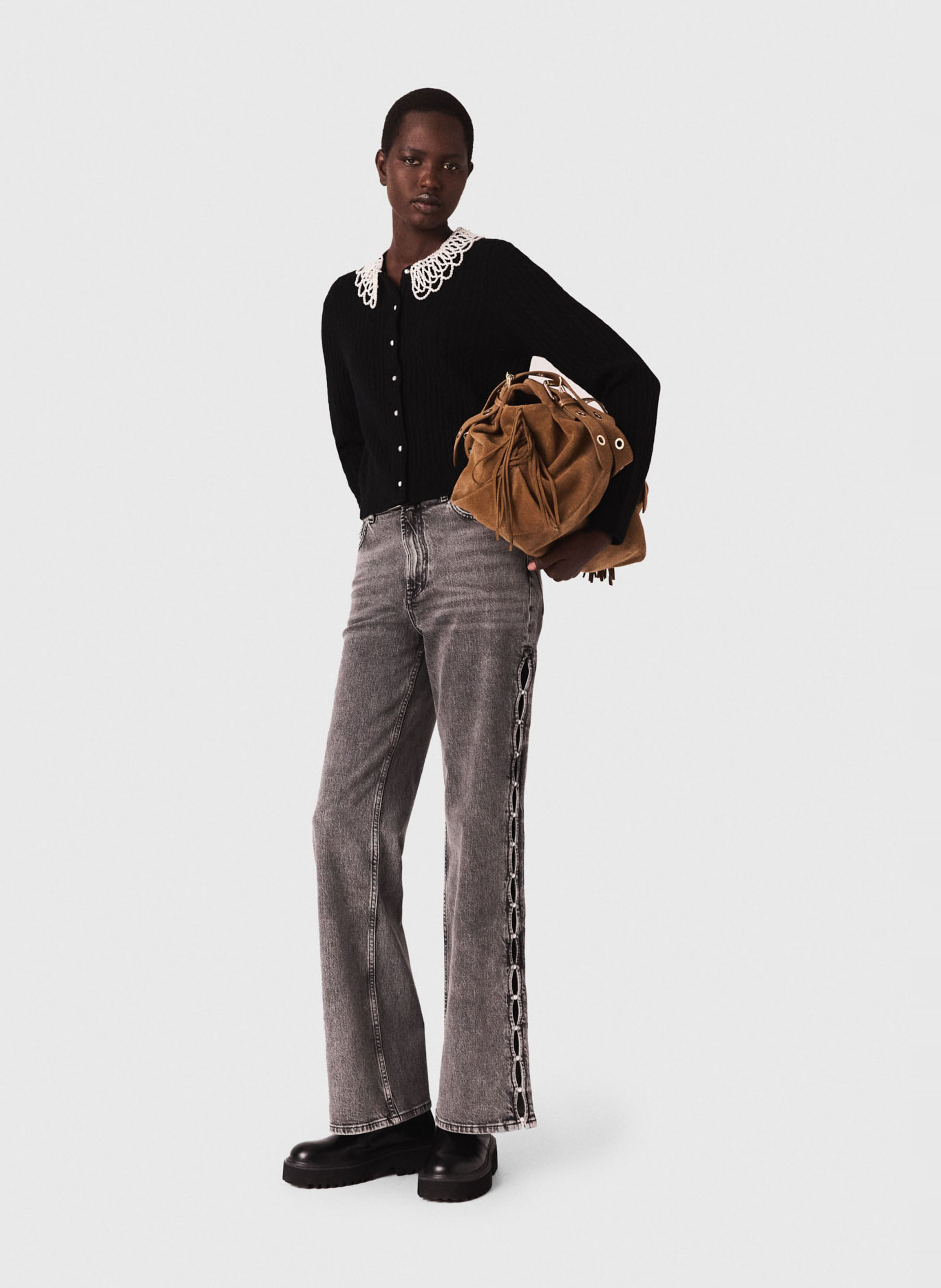 Gilet col rond en laine mélangée Noir