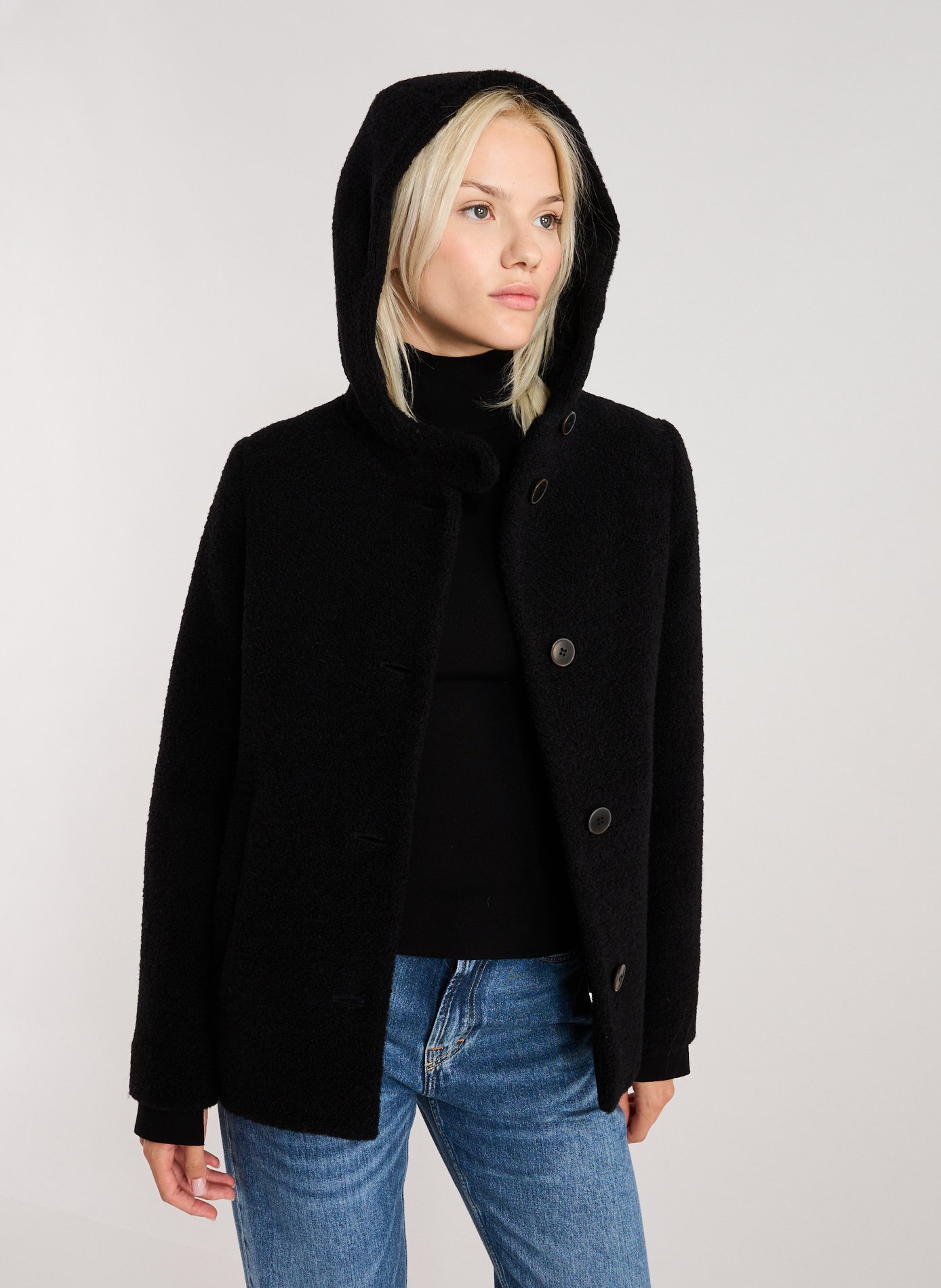 TRENCH & COAT Short wool blend hooded coat Black