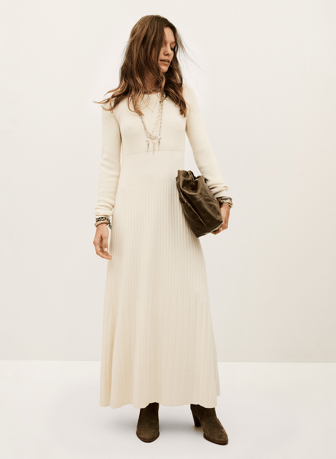 Robe longue col rond en laine mélangée elise BA&SH Beige