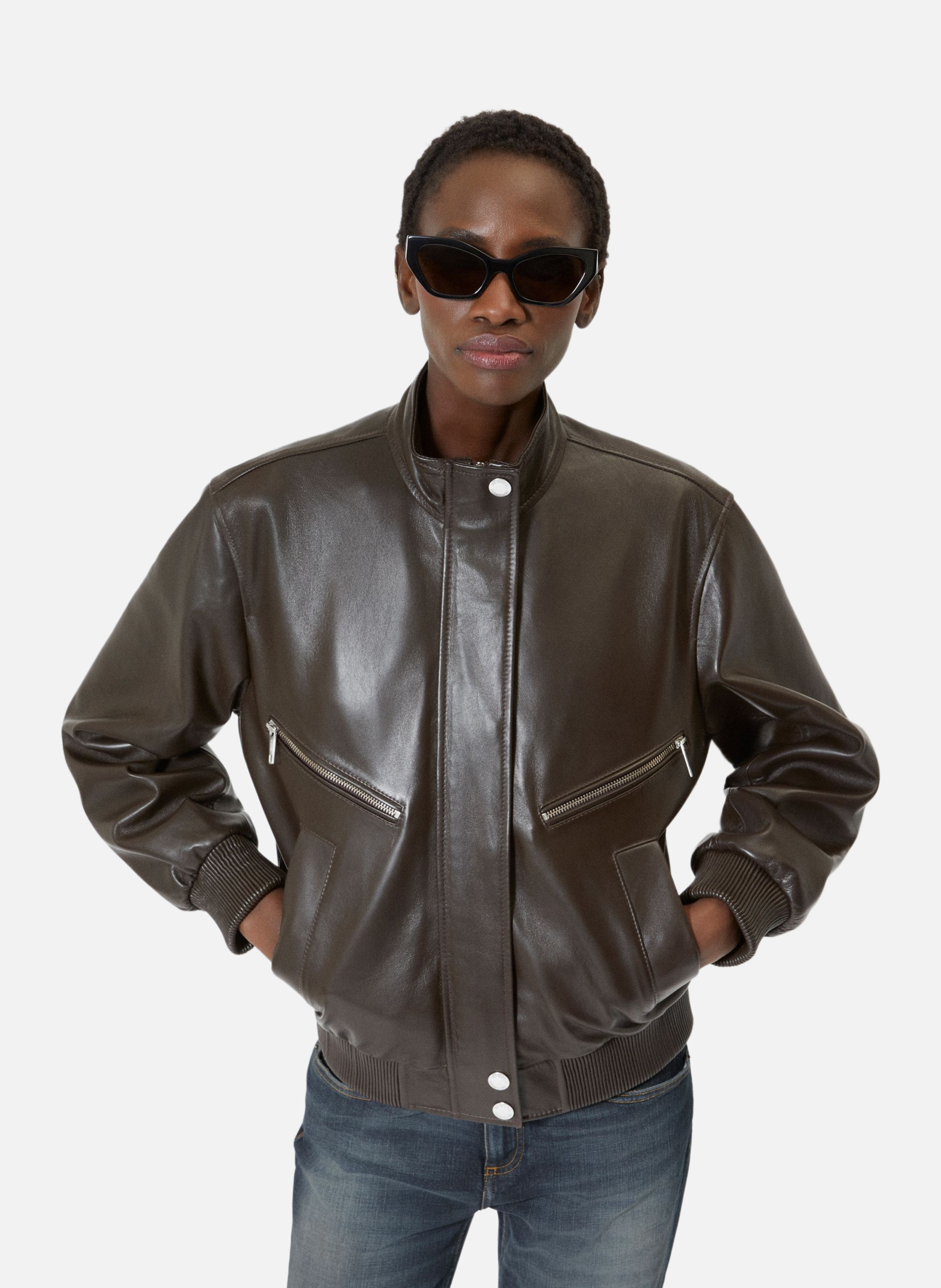 Blouson zippé en cuir THE KOOPLES Marron