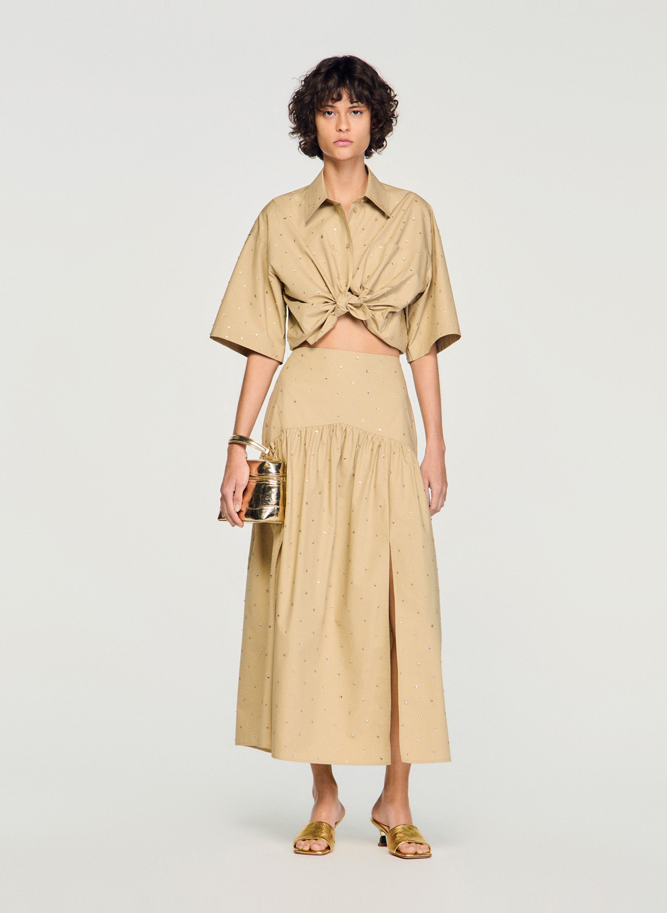 Jupe longue évasée à strass SANDRO Beige
