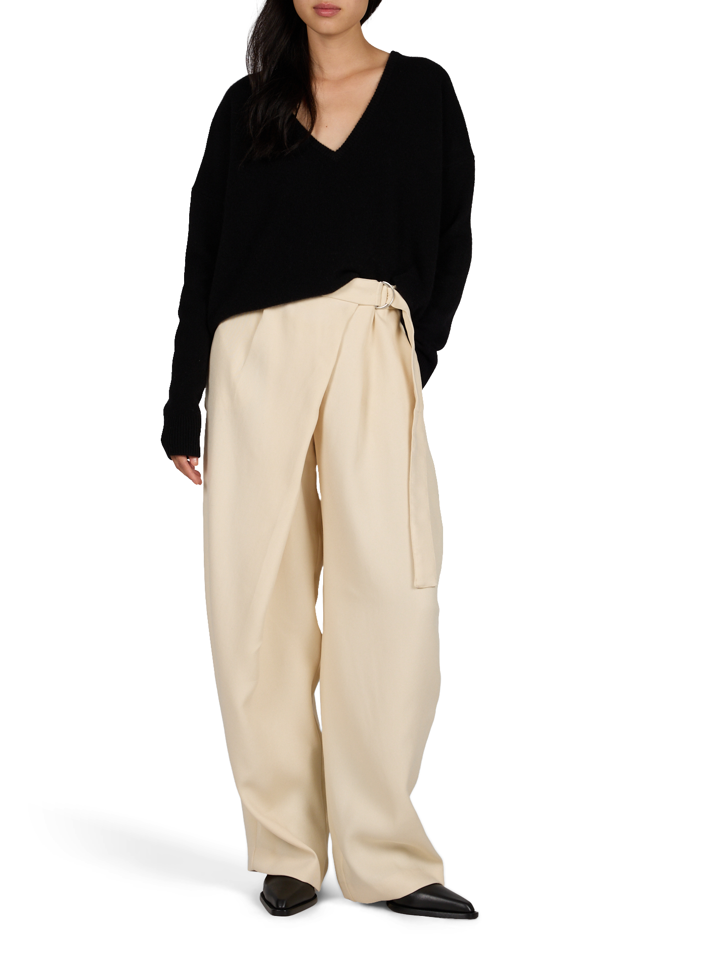 Wide-leg solid color belted pants MSCH Beige