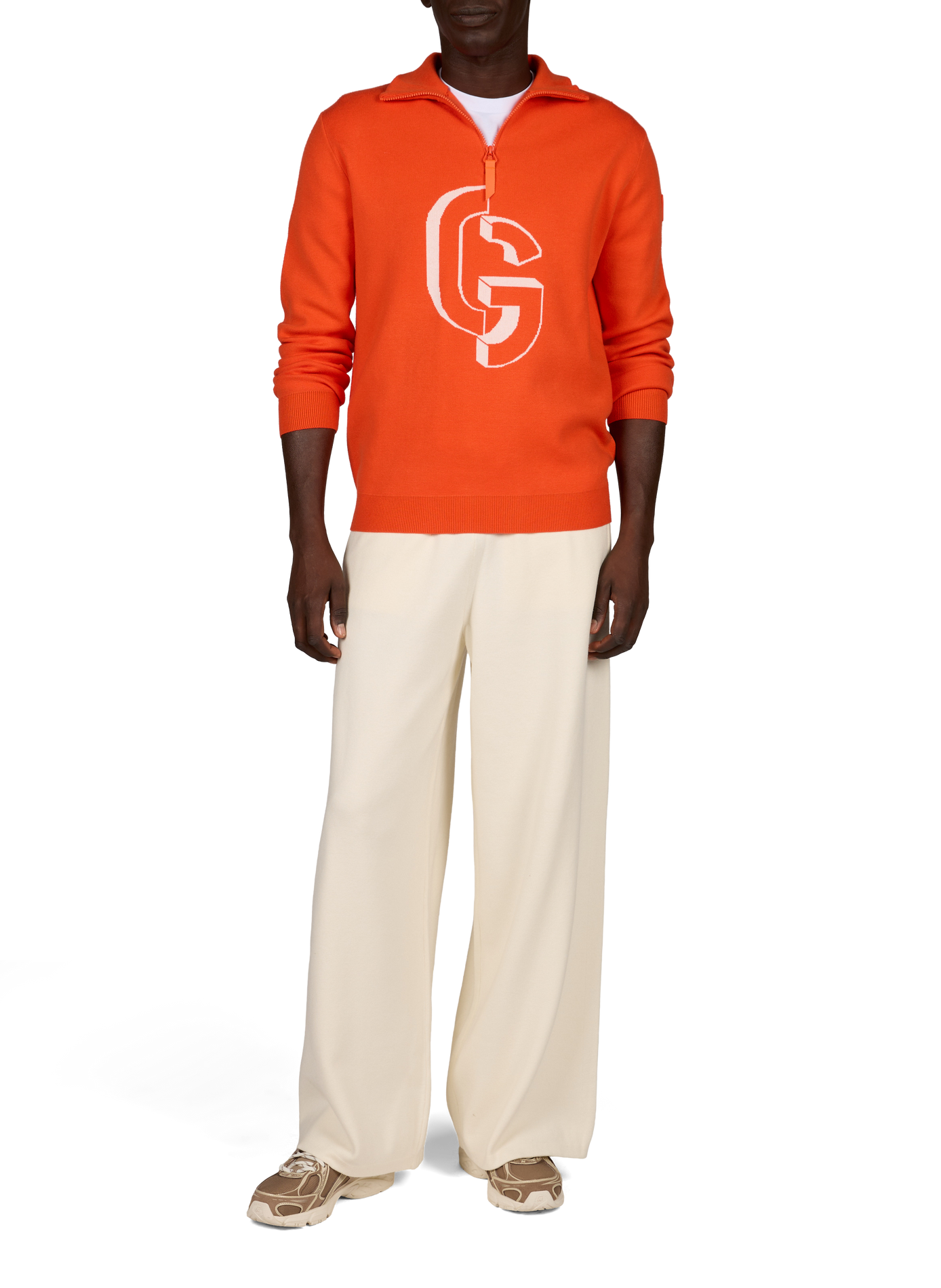 Straight-cut sweater with high collar and zippered pattern. GERTRUDE Orange