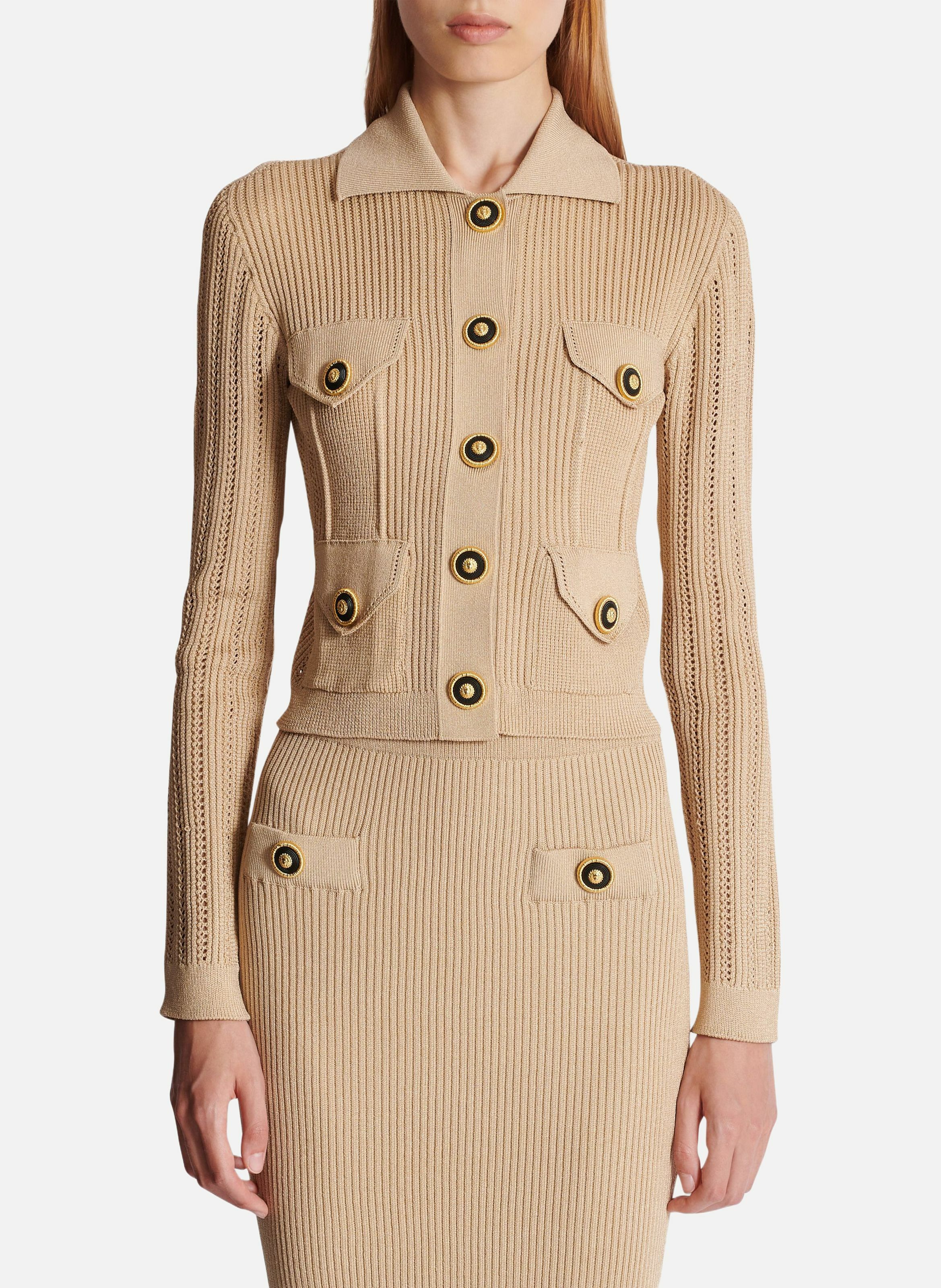 Cardigan court en maille côtelée et ajourée BALMAIN Beige