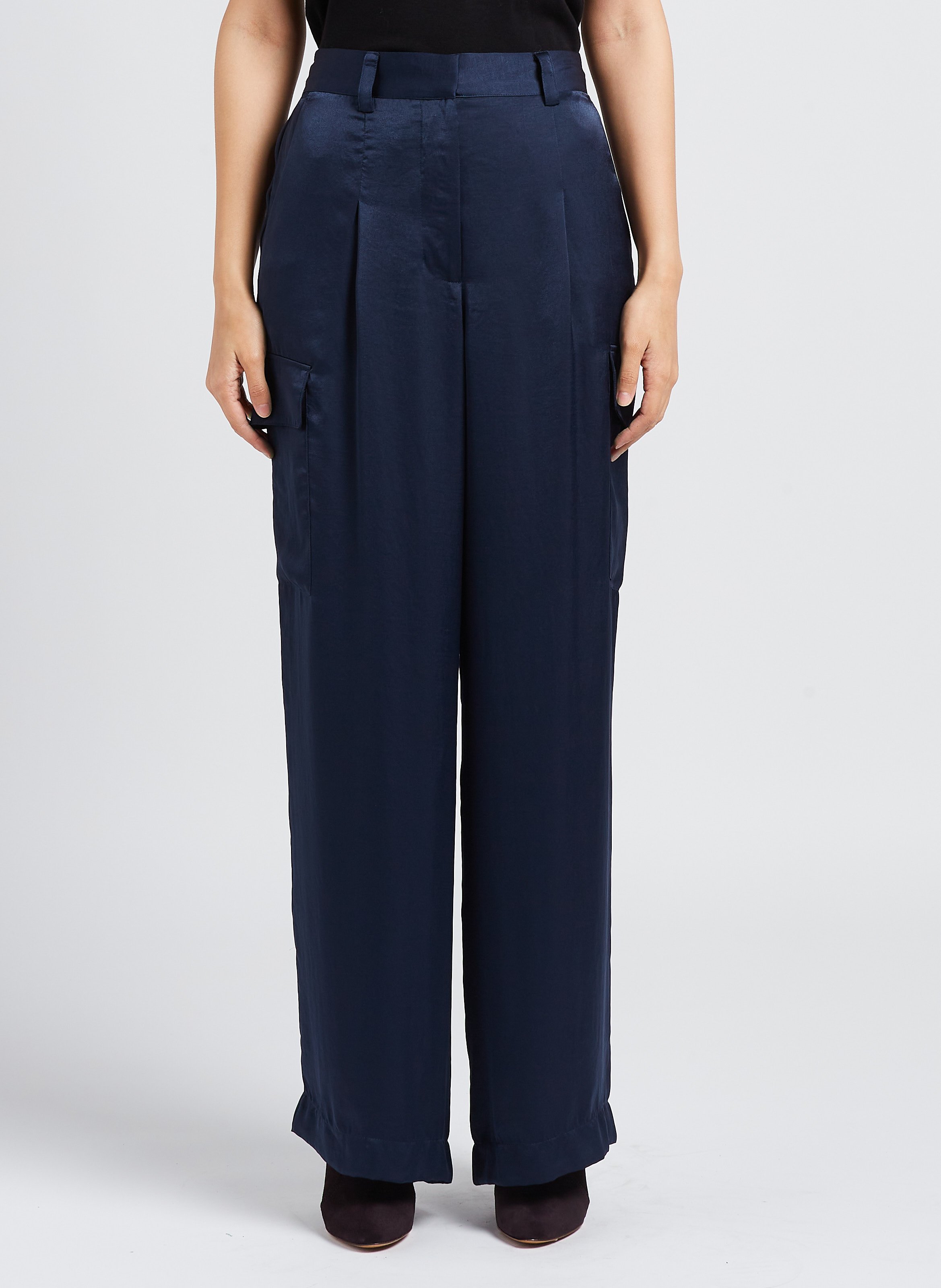 BA&SH Pantalon cargo taille haute satiné cary Bleu