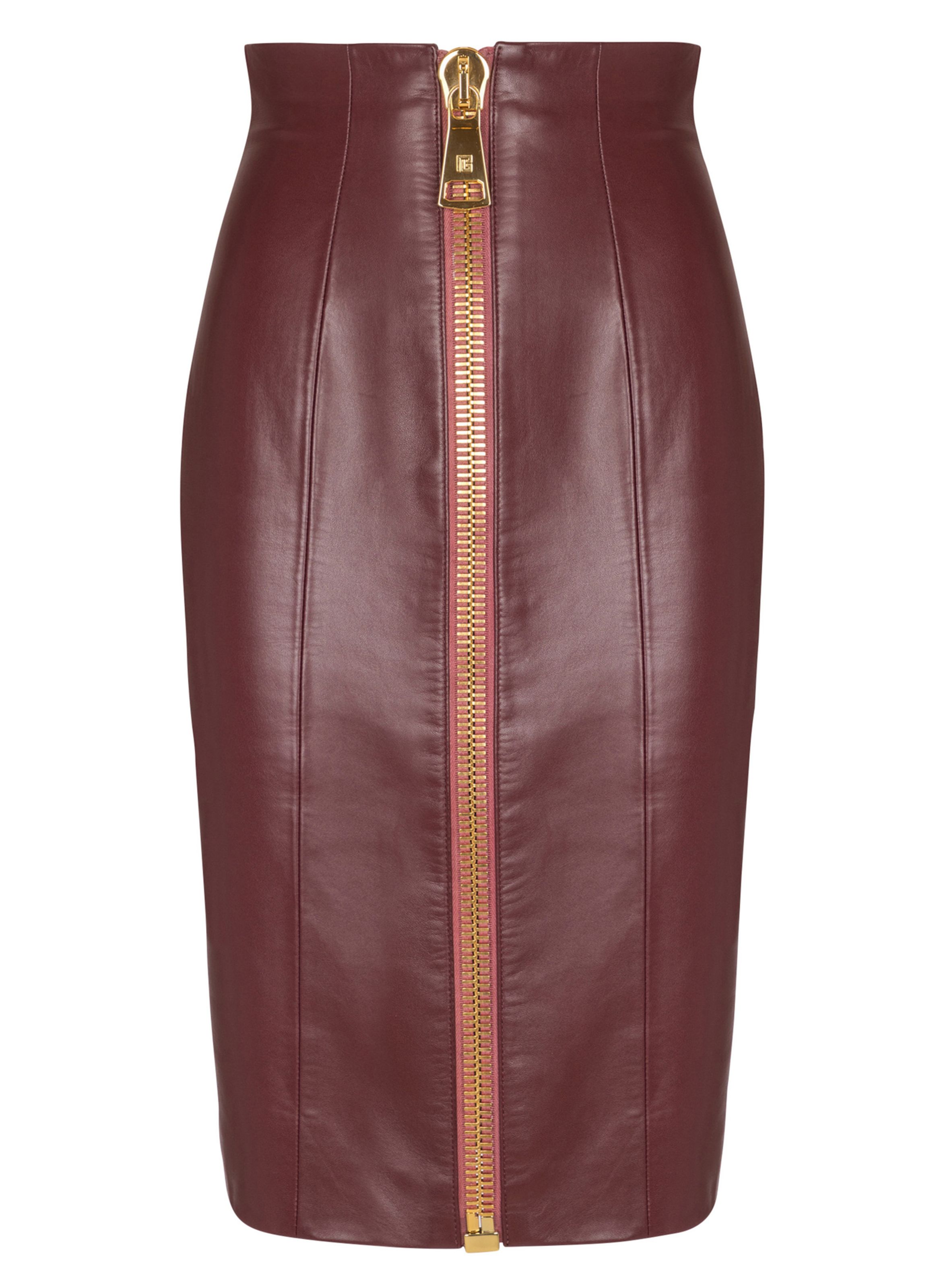 Jupe crayon en cuir d'agneau BALMAIN Marron