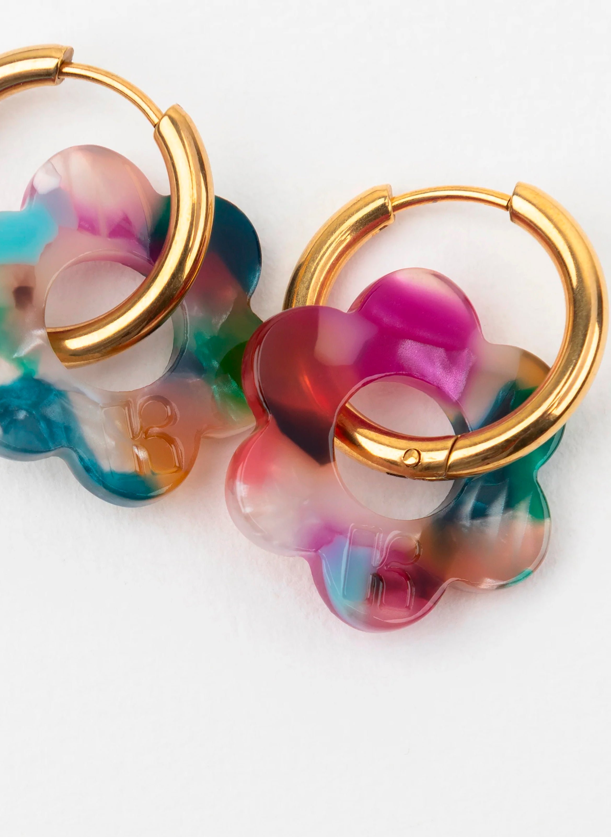 Boucles d'oreilles maxi fleurette avec anneaux en acier inoxydable doré Multicolore