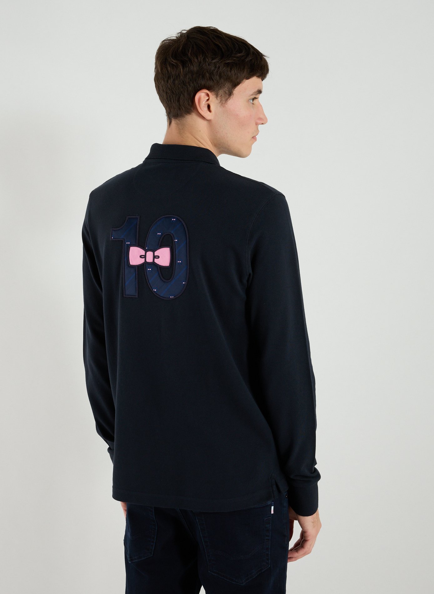 Embroidered long-sleeve cotton polo EDEN PARK Blue