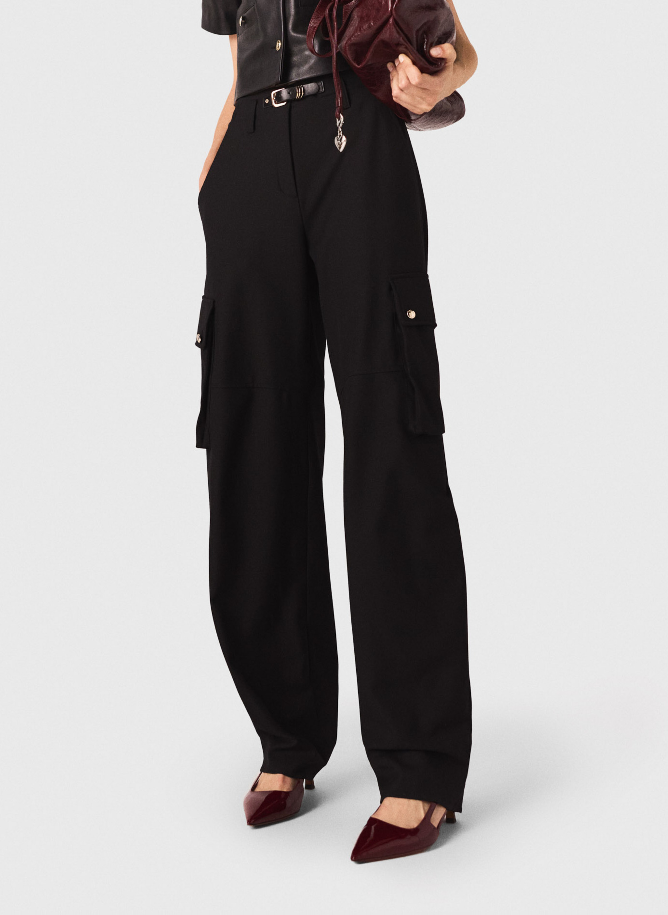 MAJE Pantalon cargo en lainage Noir