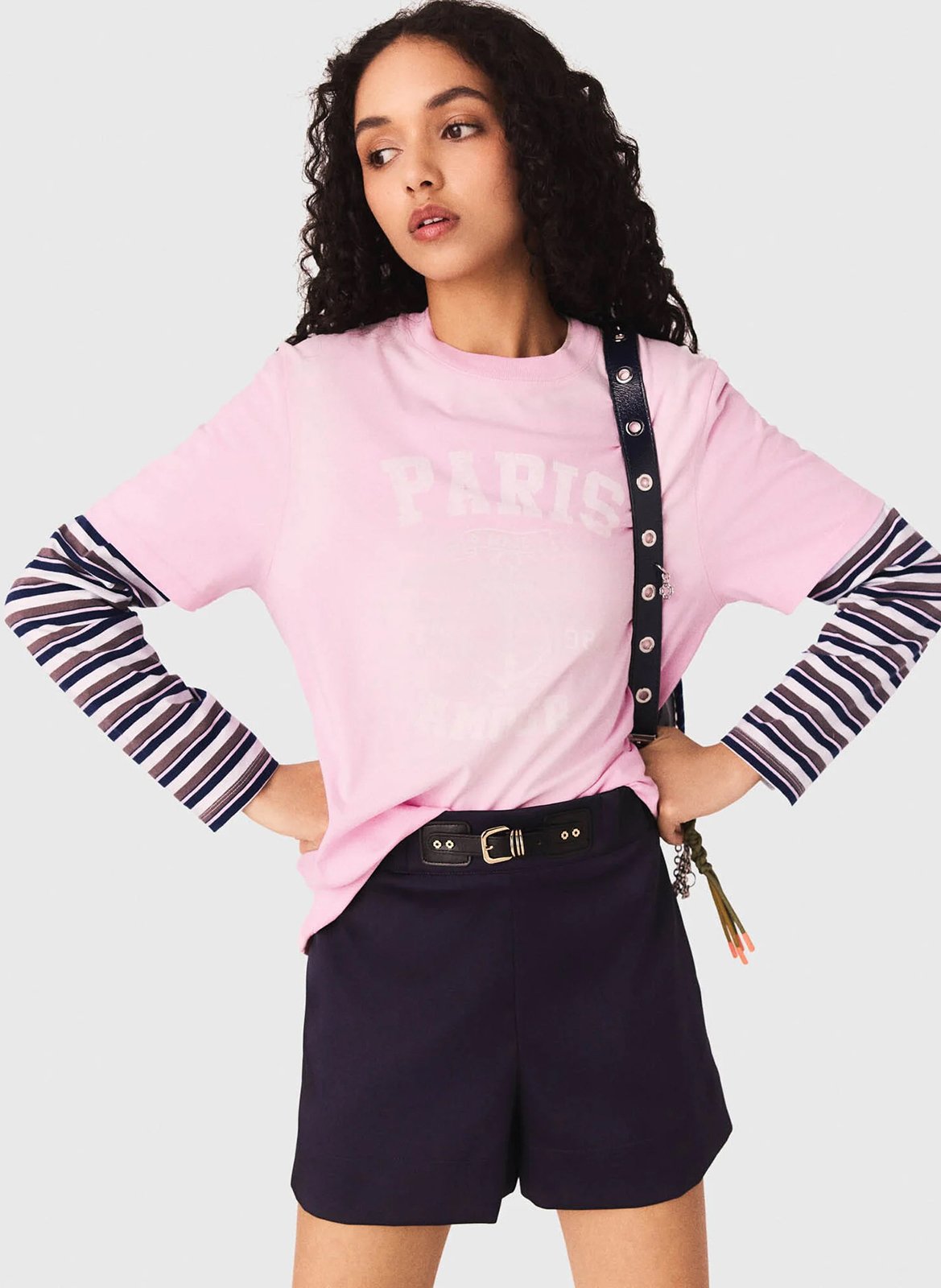 Tee-shirt droit col rond en coton sérigraphié MAJE Rose