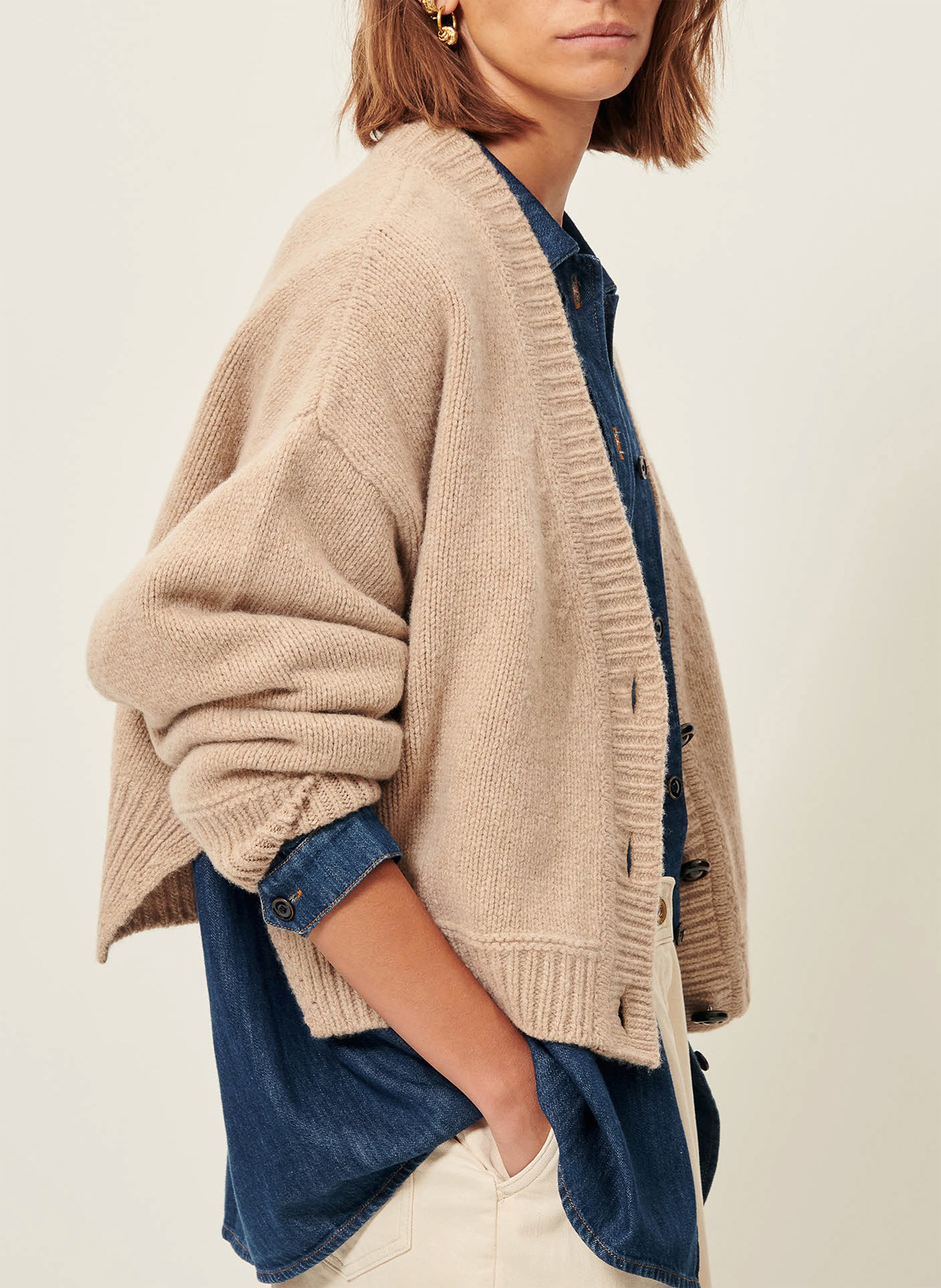 Cardigan oversize col v en laine serato SESSUN Beige