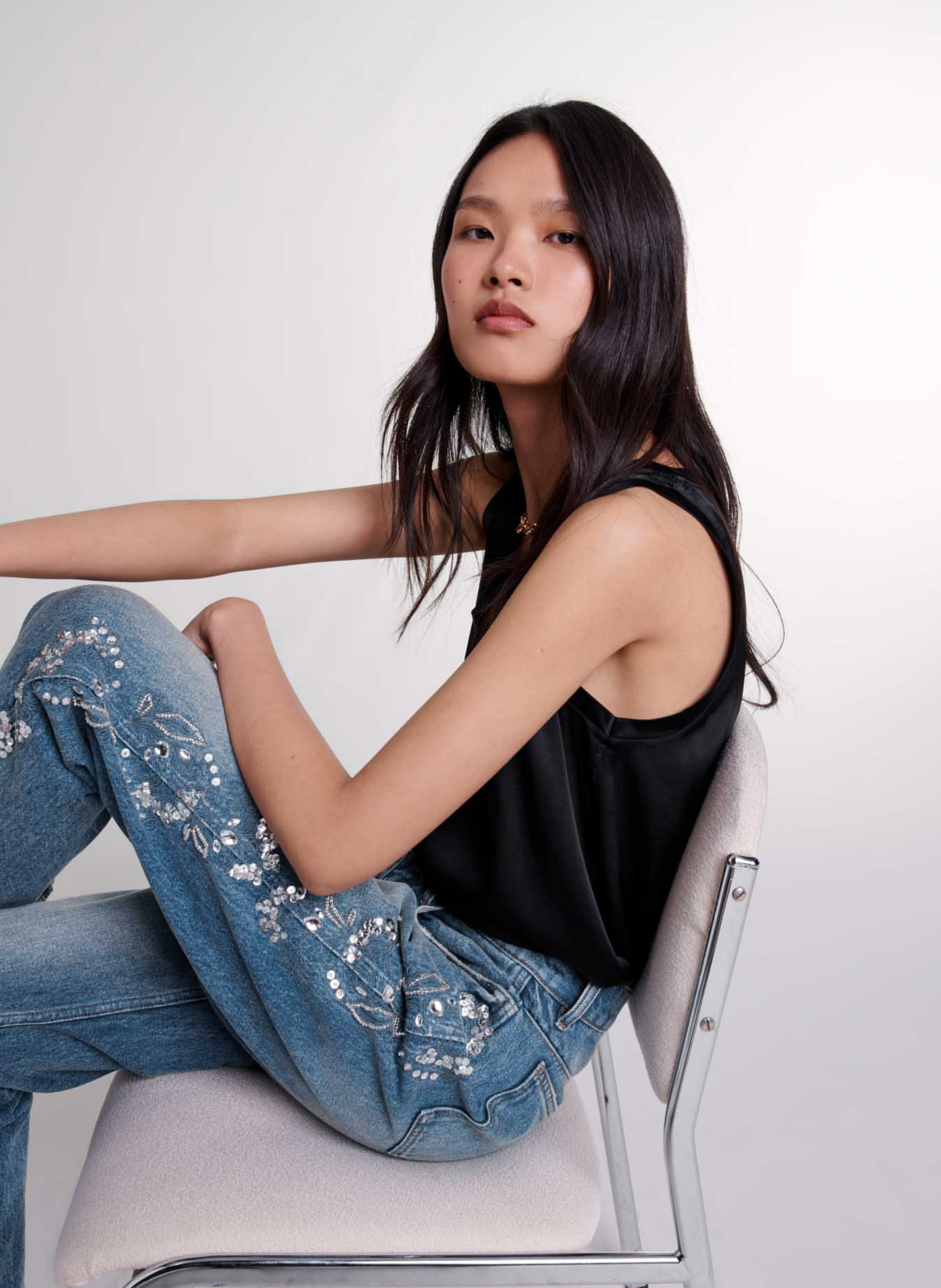 Débardeur col rond droit en soie mélangé MAJE Noir