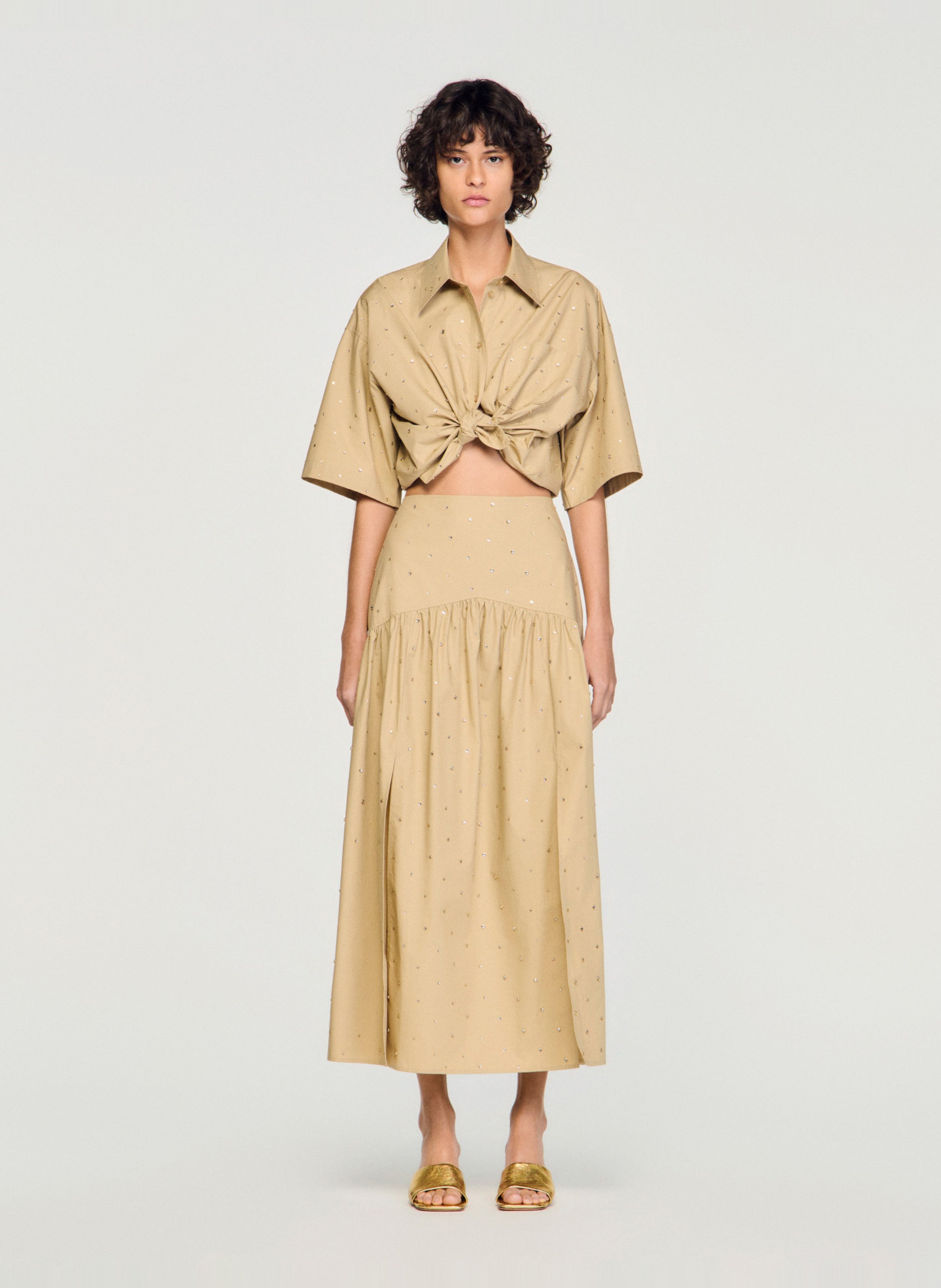 Jupe longue évasée à strass SANDRO Beige