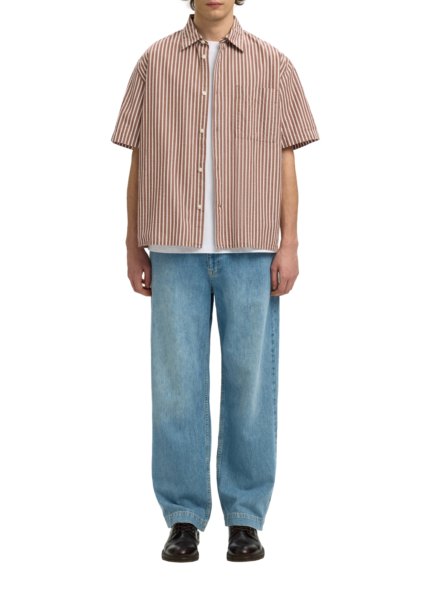 Short-sleeved textured cotton shirt SELECTED Red