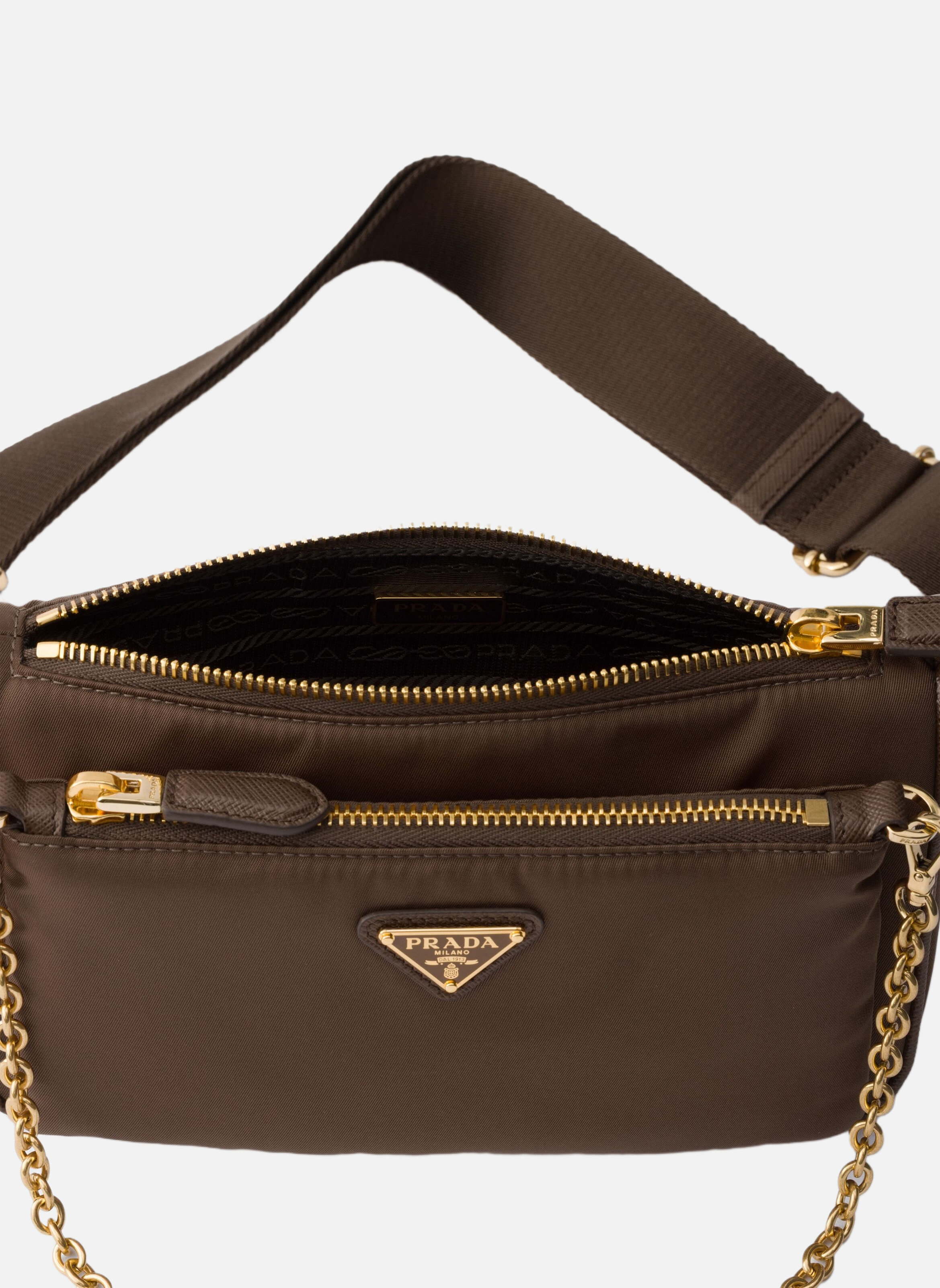 Mini sac porté épaule en re-nylon et cuir saffiano PRADA Marron