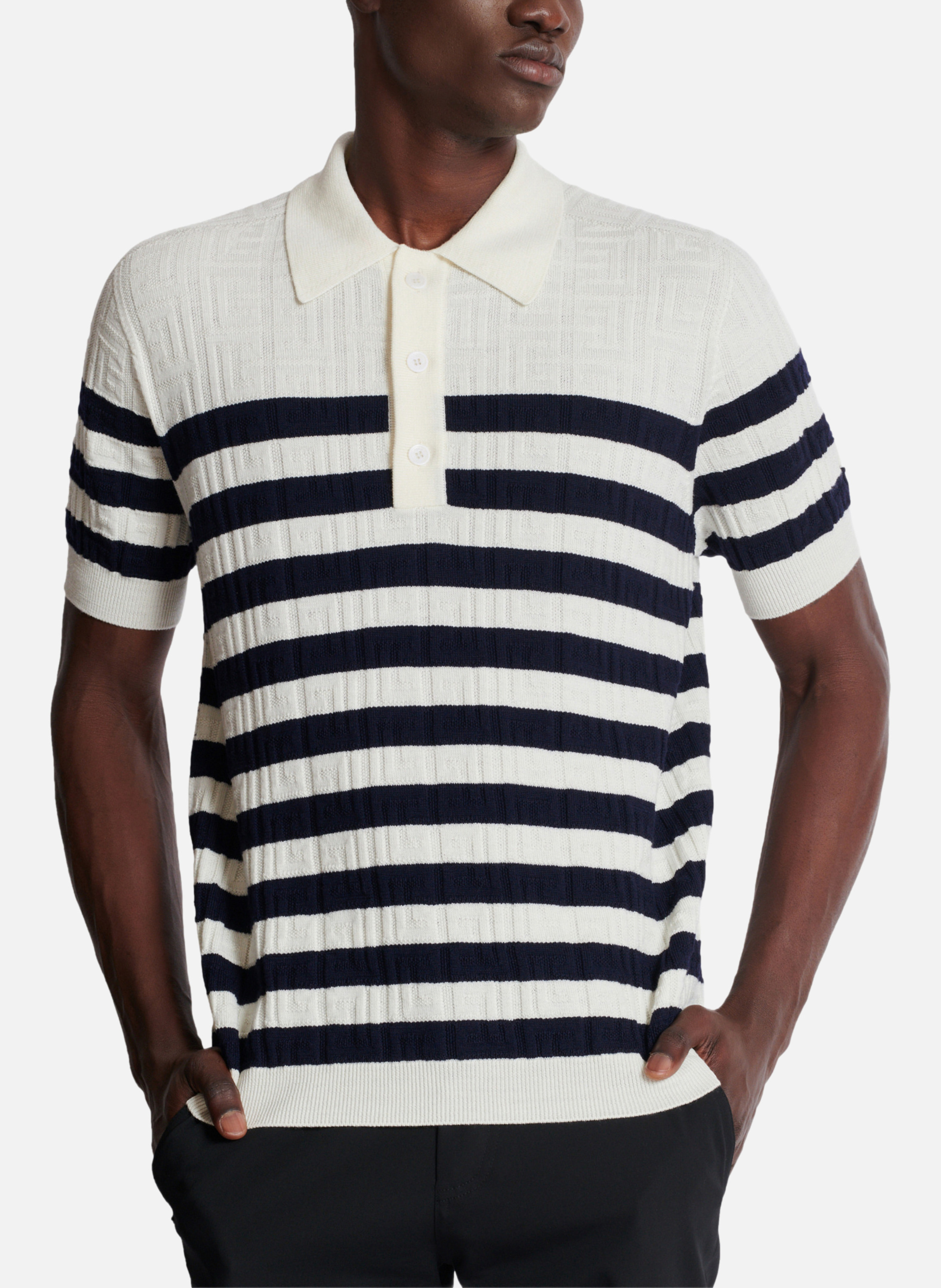 Polo marinière en maille à monogramme BALMAIN Blanc