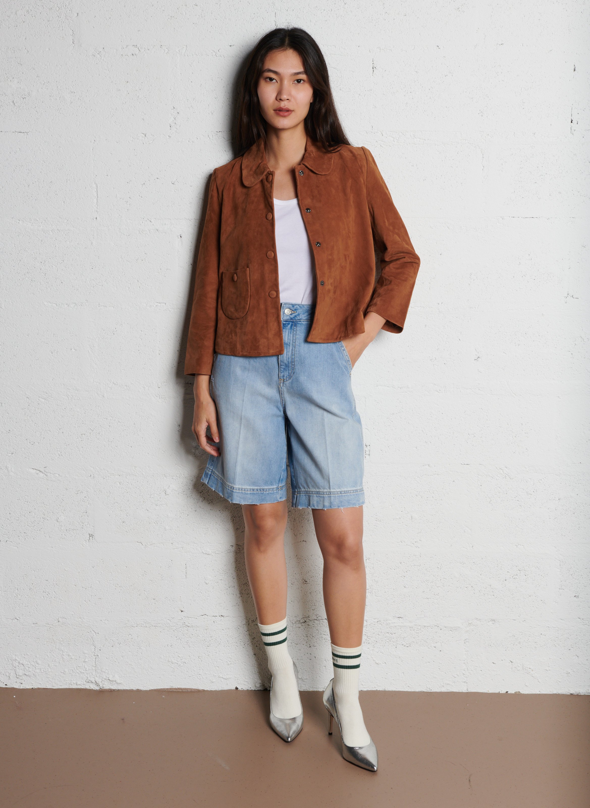 Veste courte en cuir velours milas BA&SH Marron