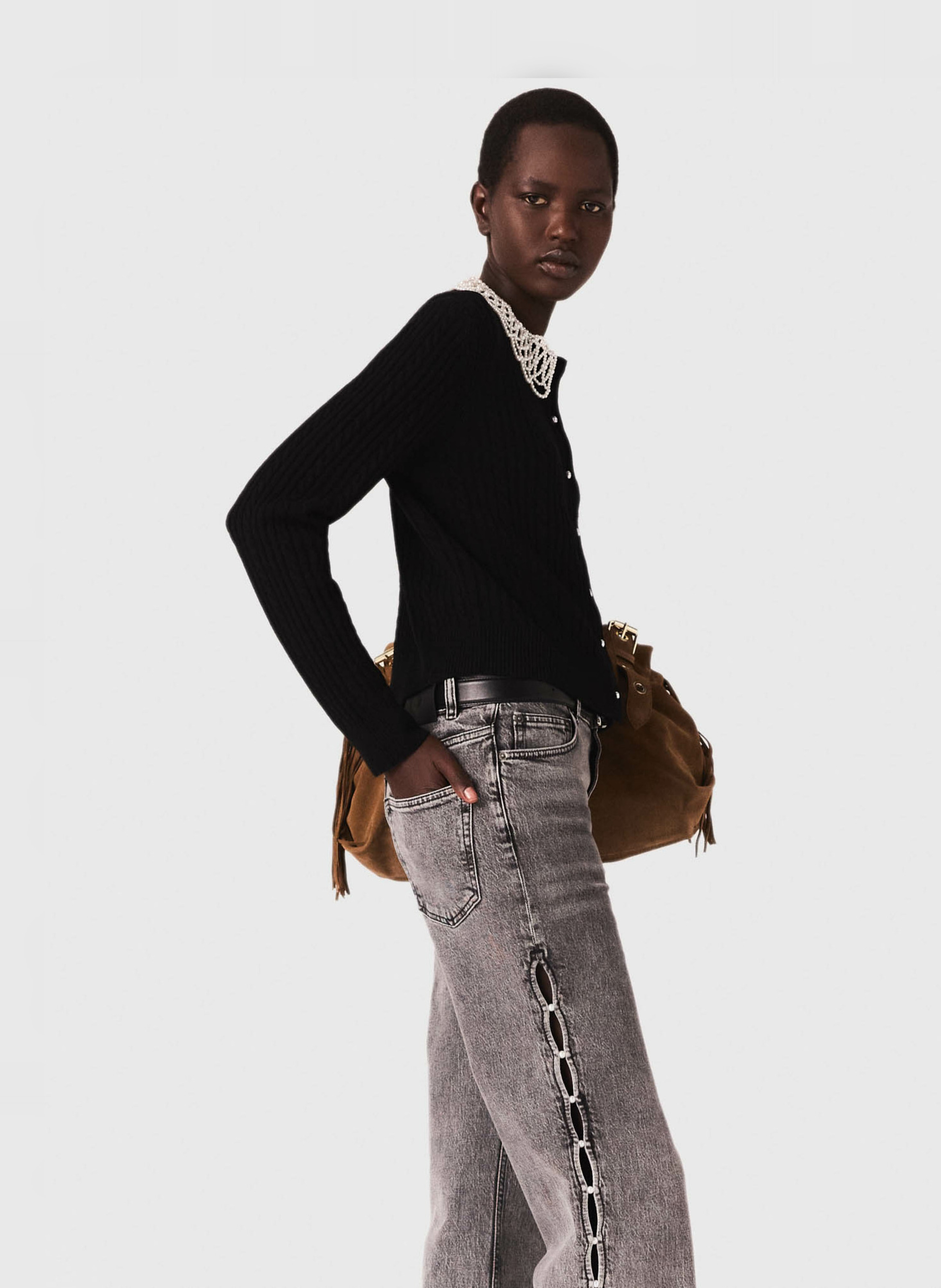 Gilet col rond en laine mélangée Noir