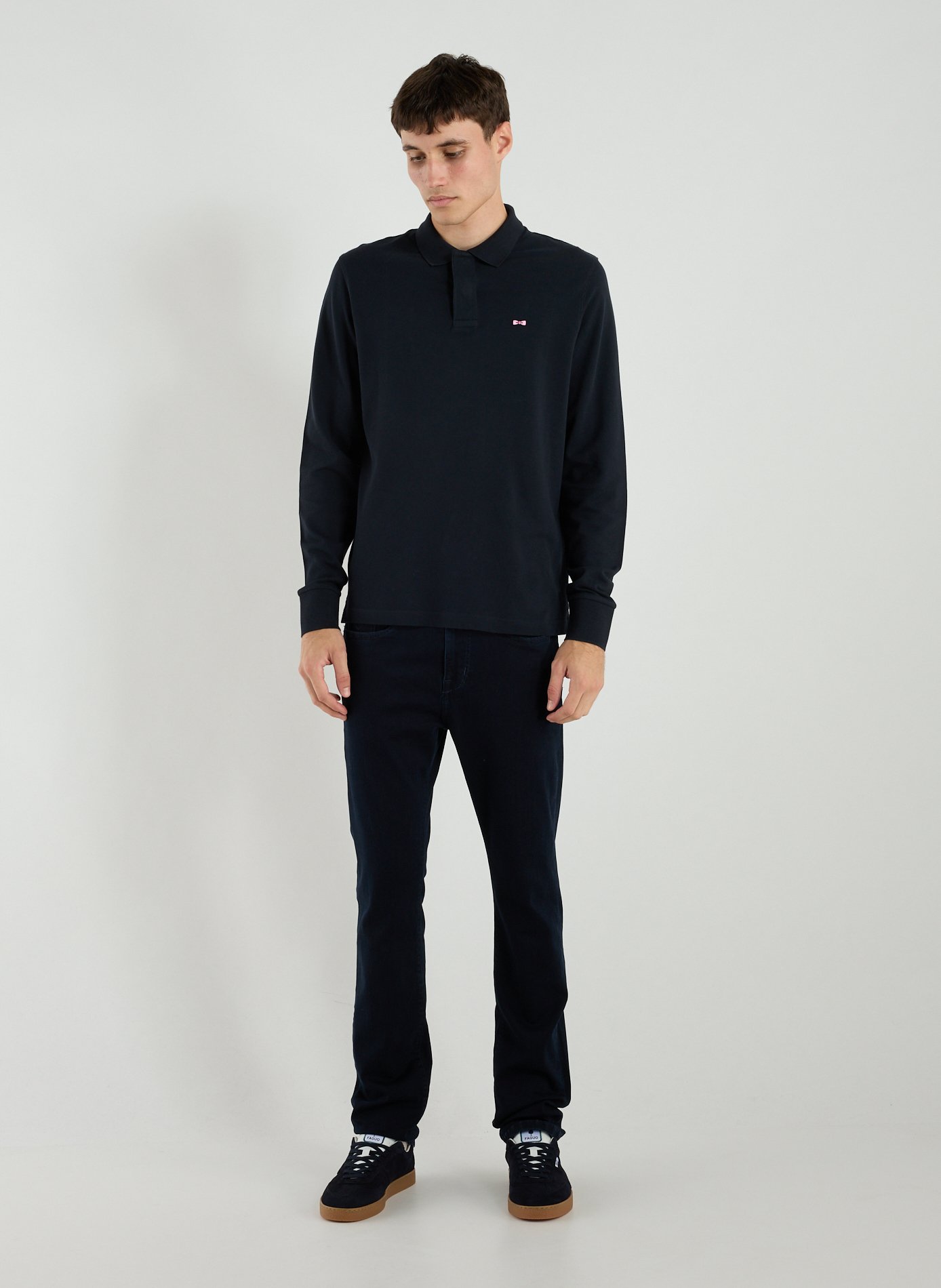Embroidered long-sleeve cotton polo EDEN PARK Blue