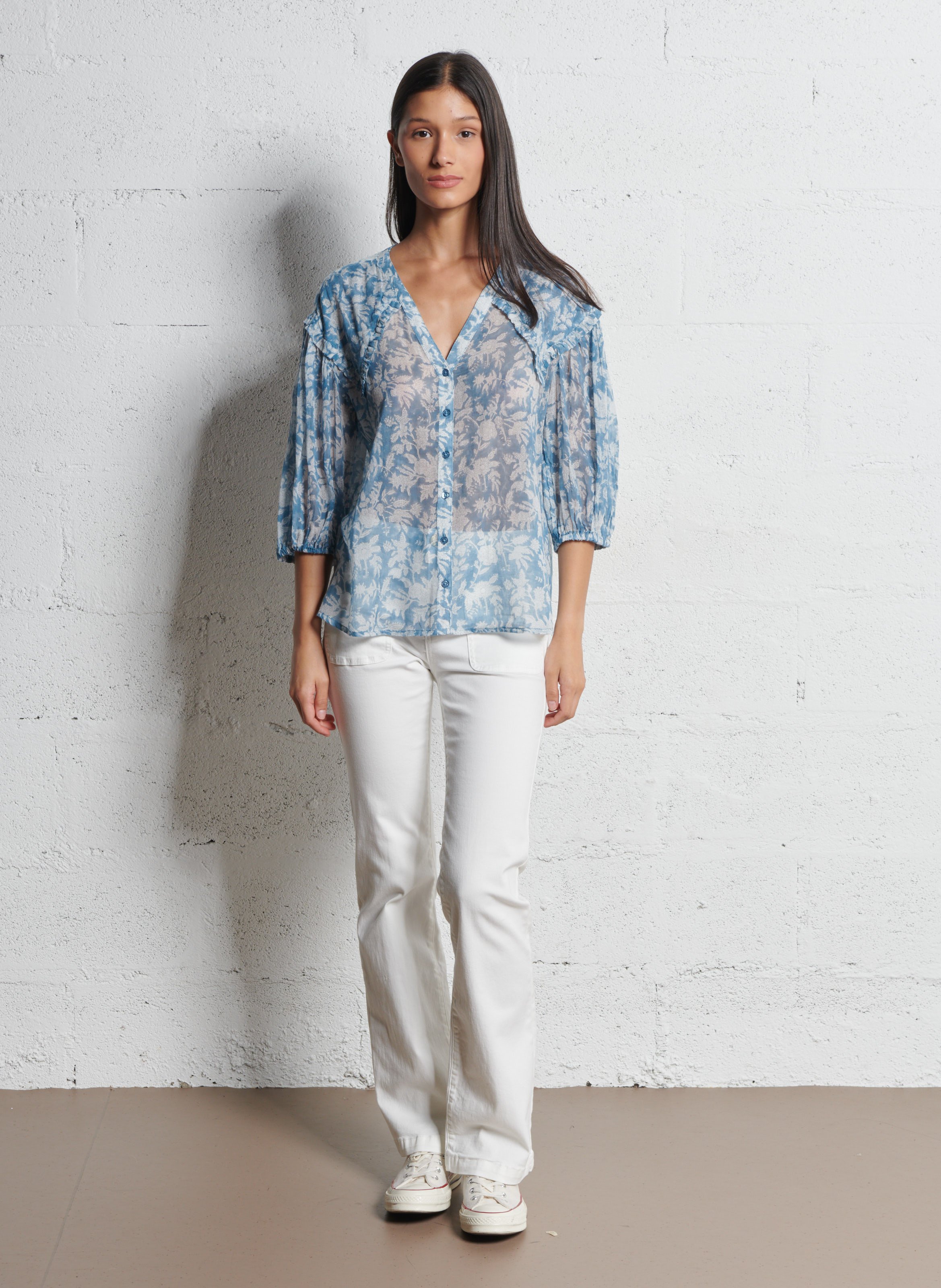 Chemise col v en coton pio MAISON 123 Bleu
