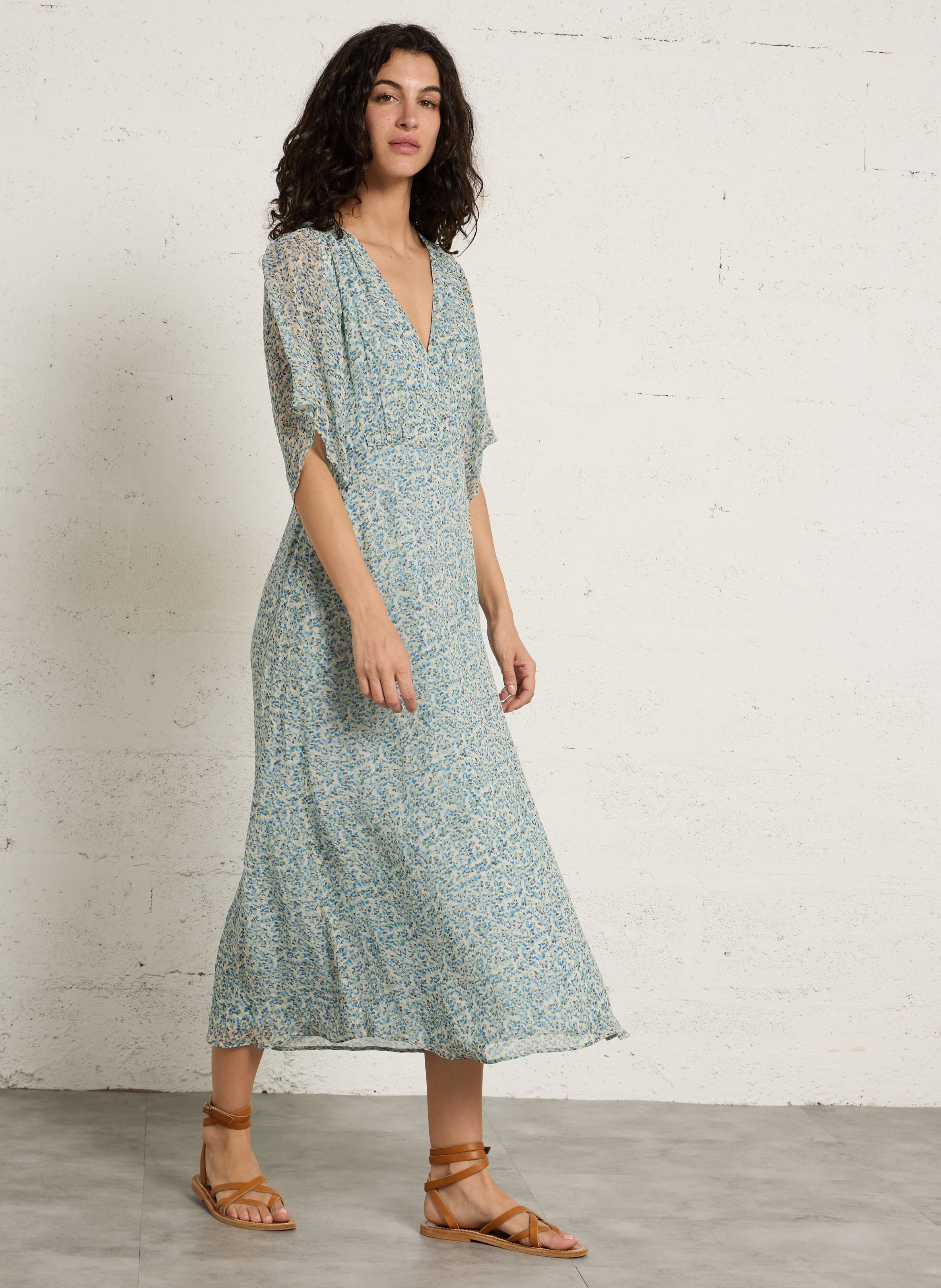 Robe longue col v imprimé balma Vert