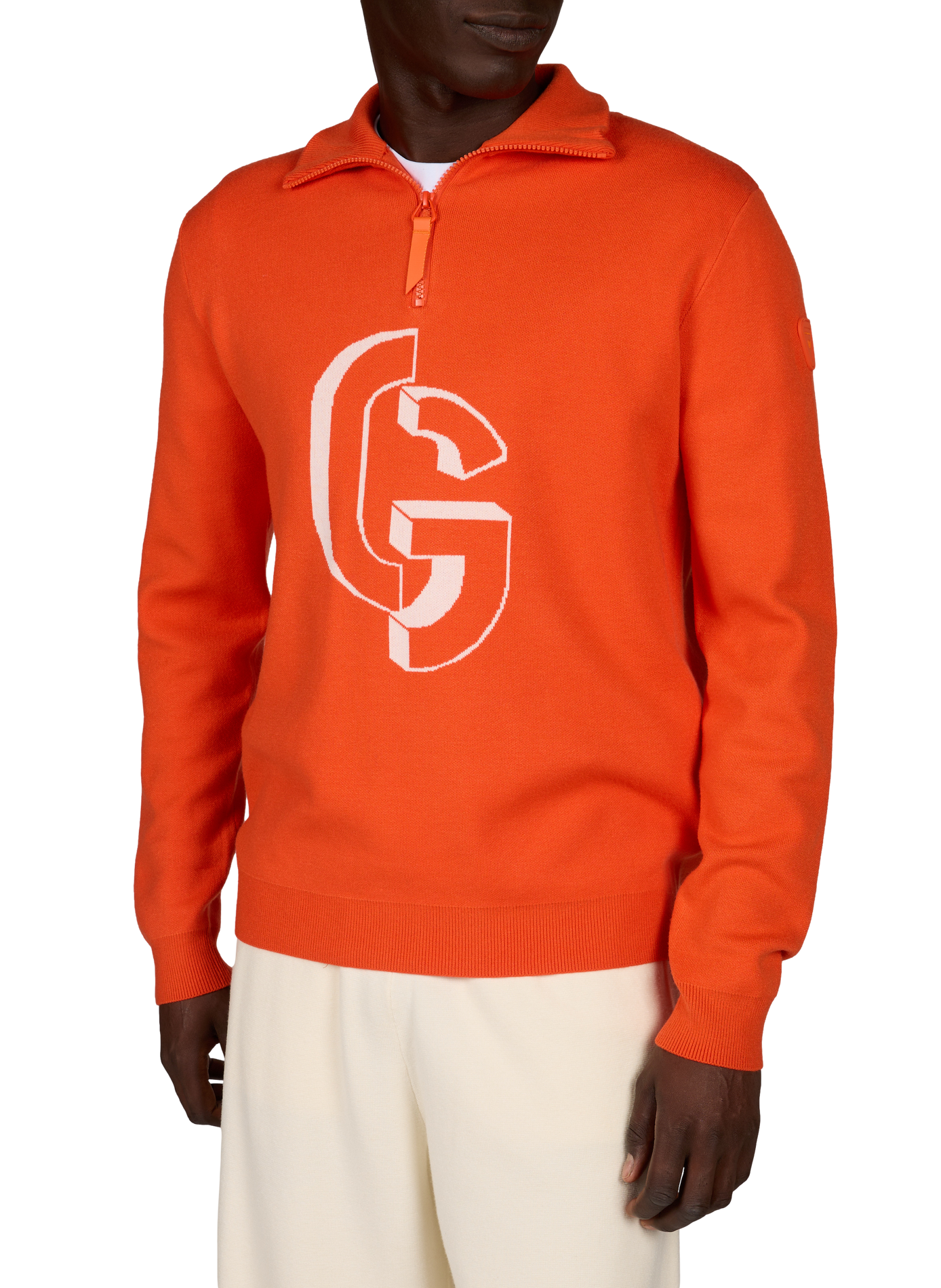 Straight-cut sweater with high collar and zippered pattern. GERTRUDE Orange