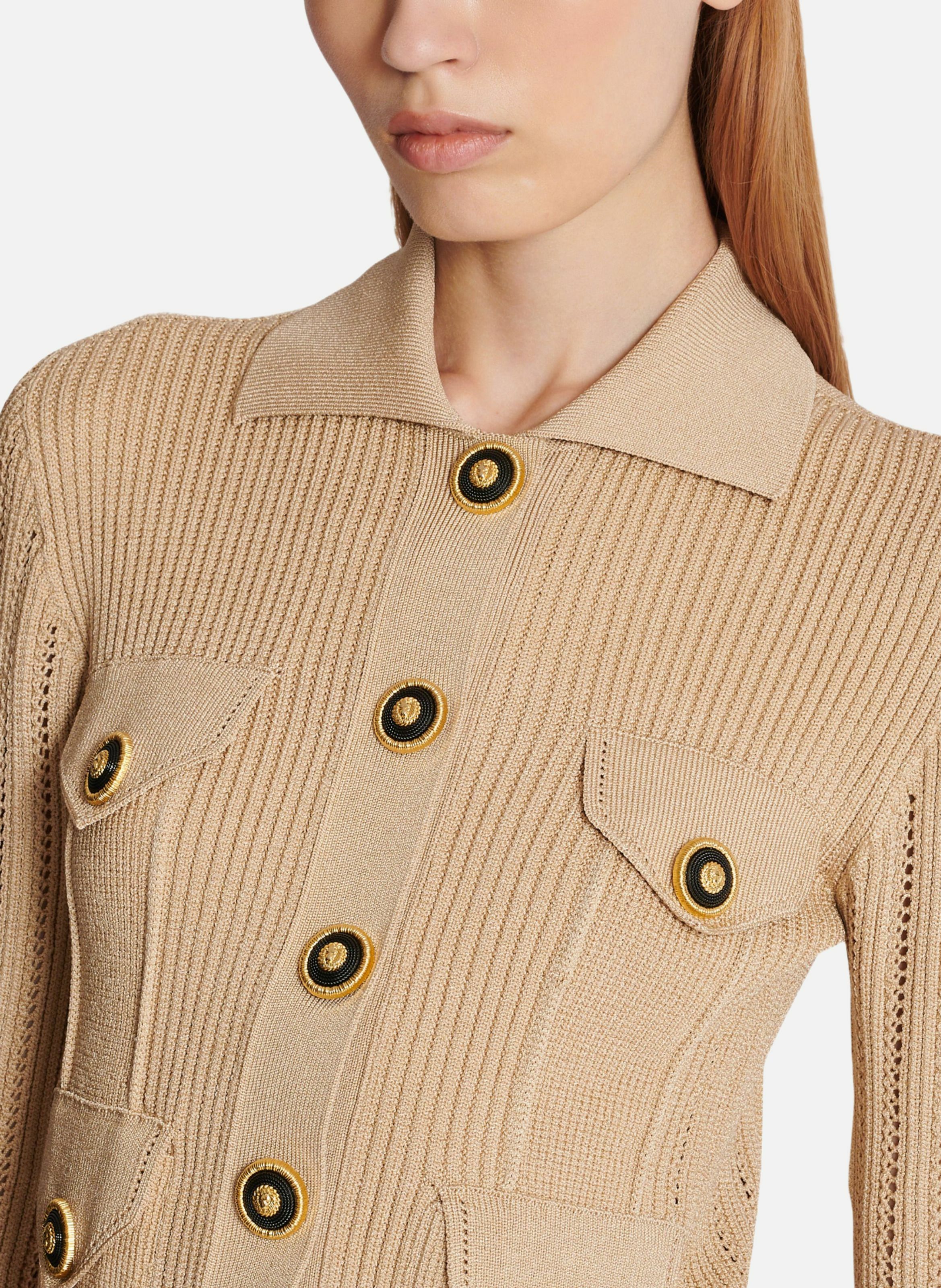 Cardigan court en maille côtelée et ajourée BALMAIN Beige