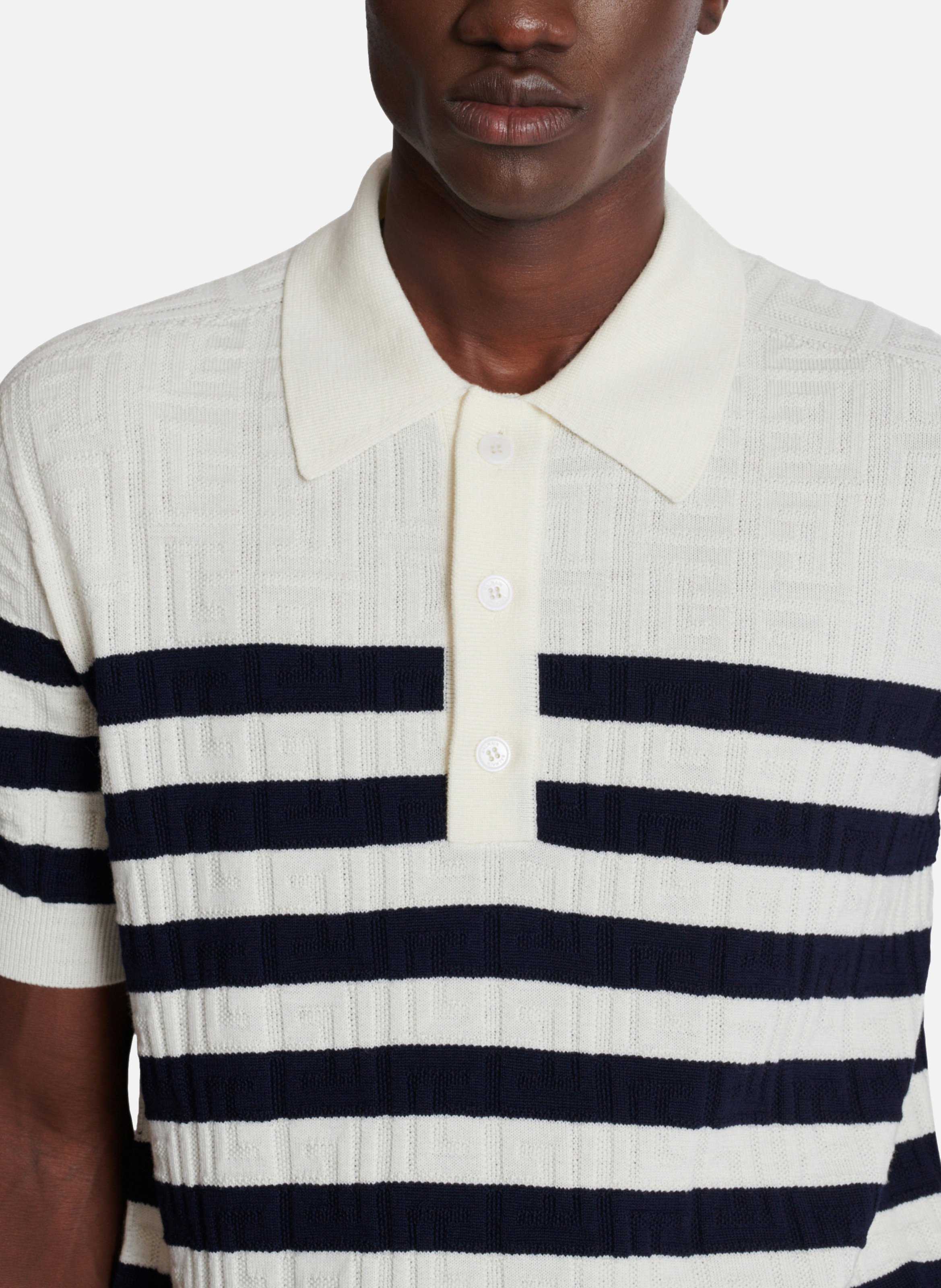 Polo marinière en maille à monogramme BALMAIN Blanc