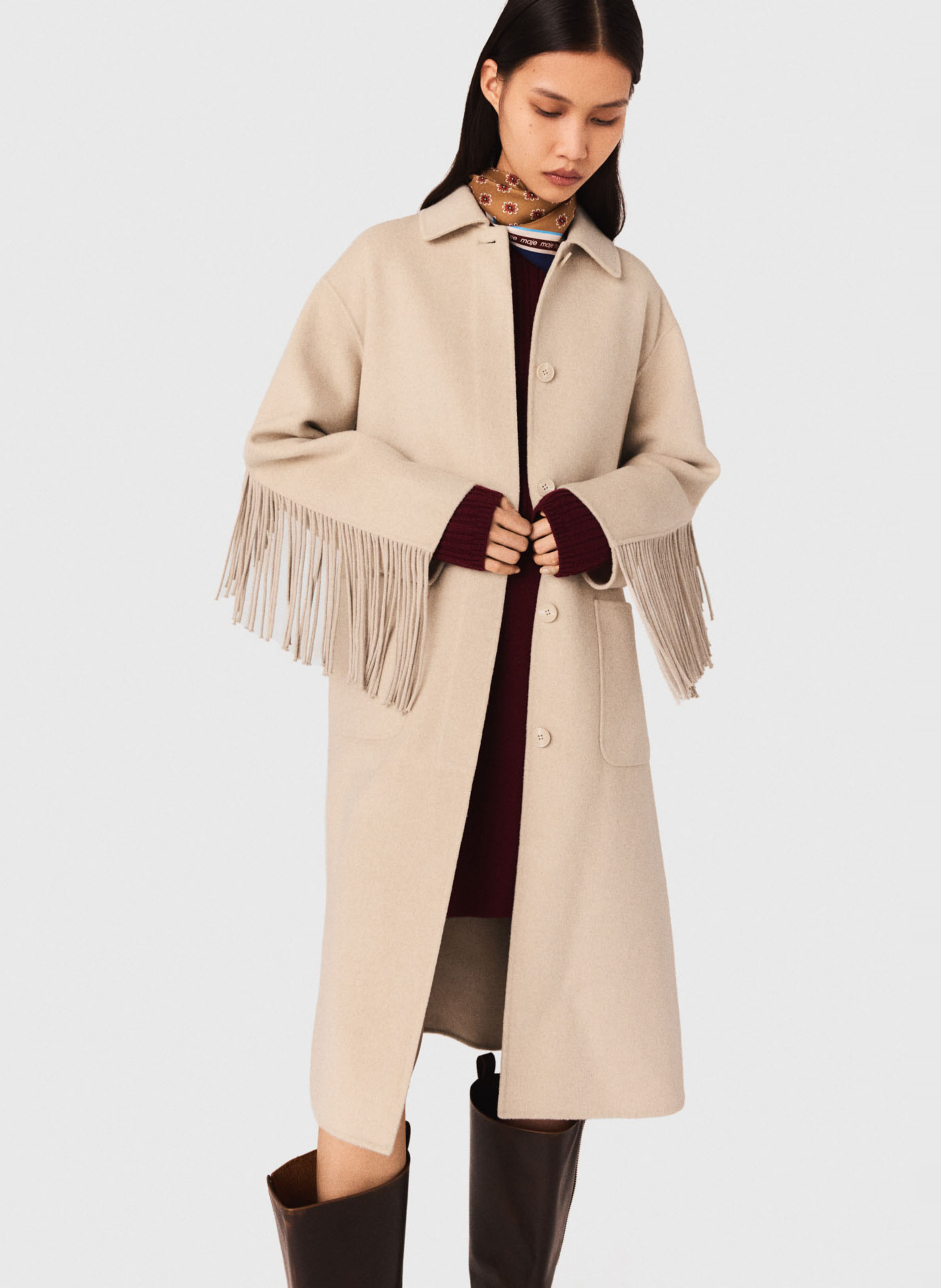 Manteau ceinturé uni à franges MAJE Beige