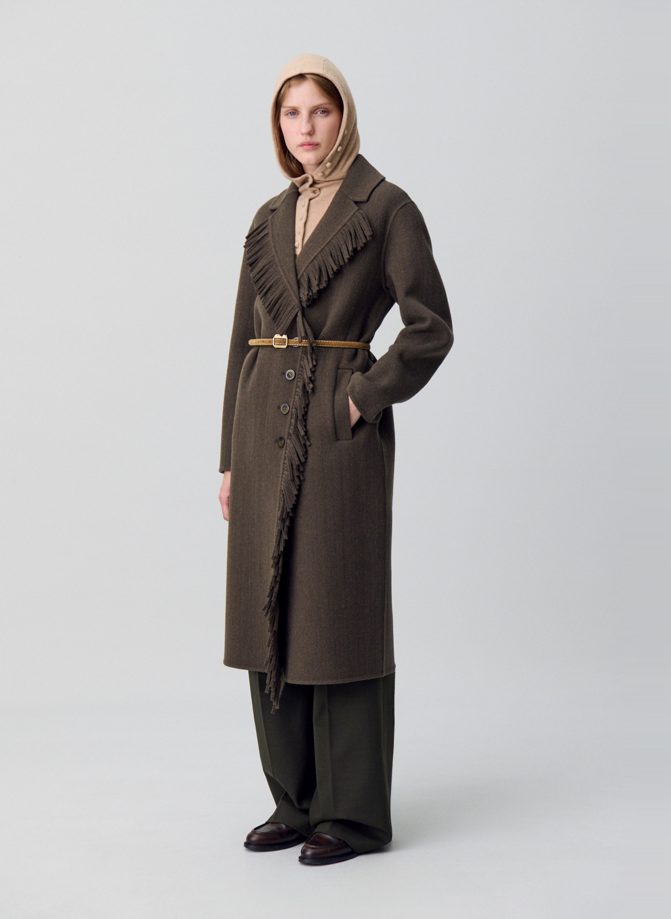 Manteau court col v en laine mélangée grazia CLAUDIE PIERLOT Kaki