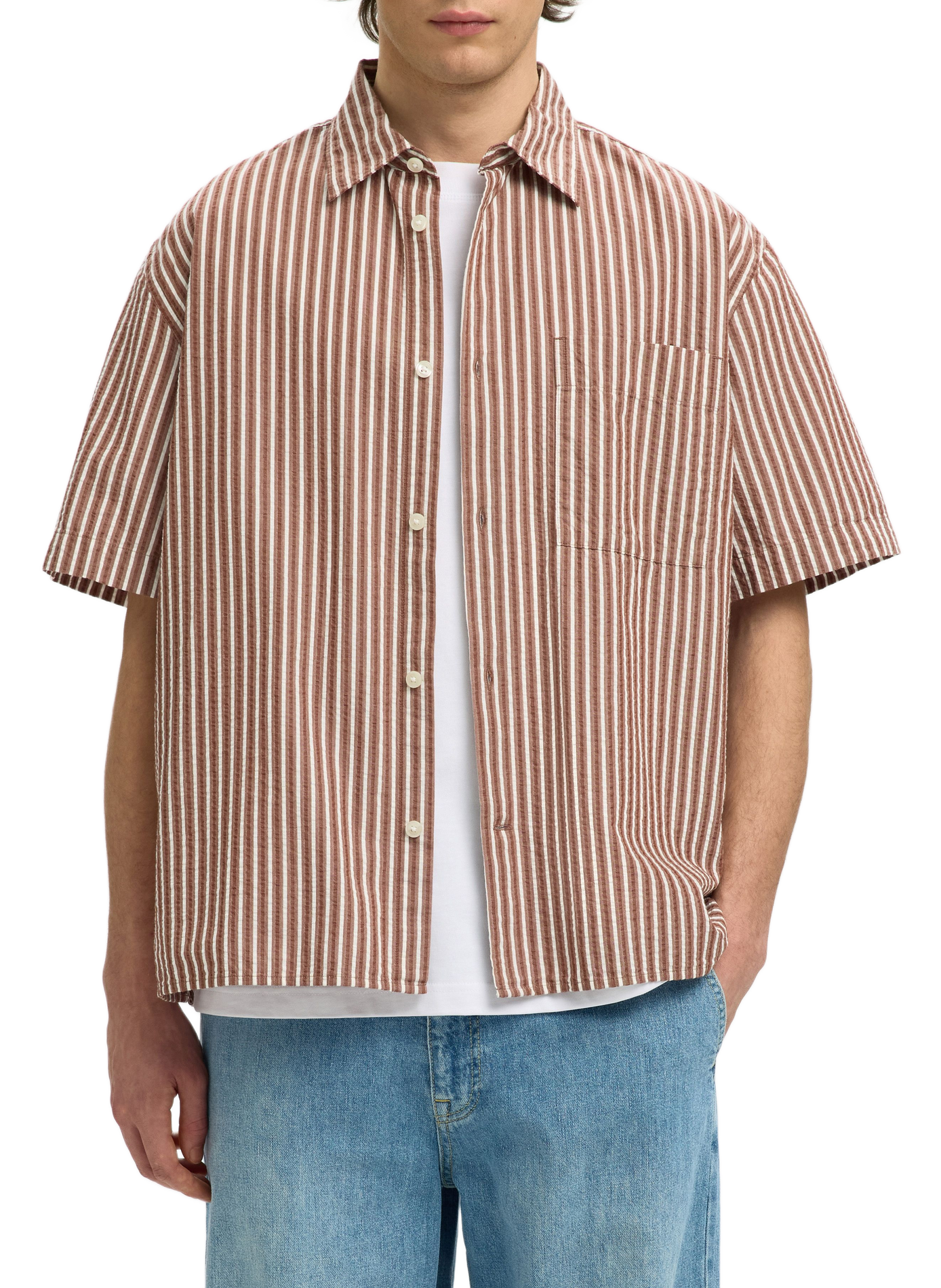 Short-sleeved textured cotton shirt SELECTED Red