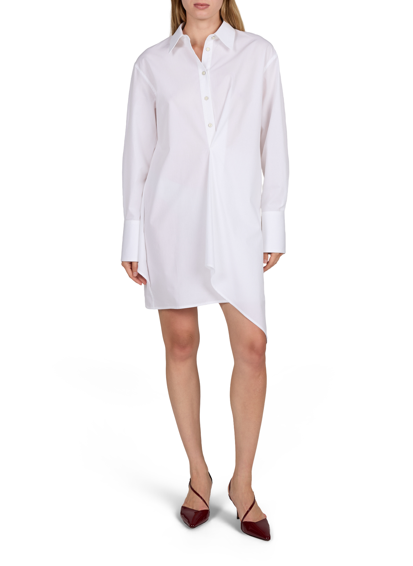 Vestido camisero asimétrico de mangas largas en algodón. HELMUT LANG Blanco