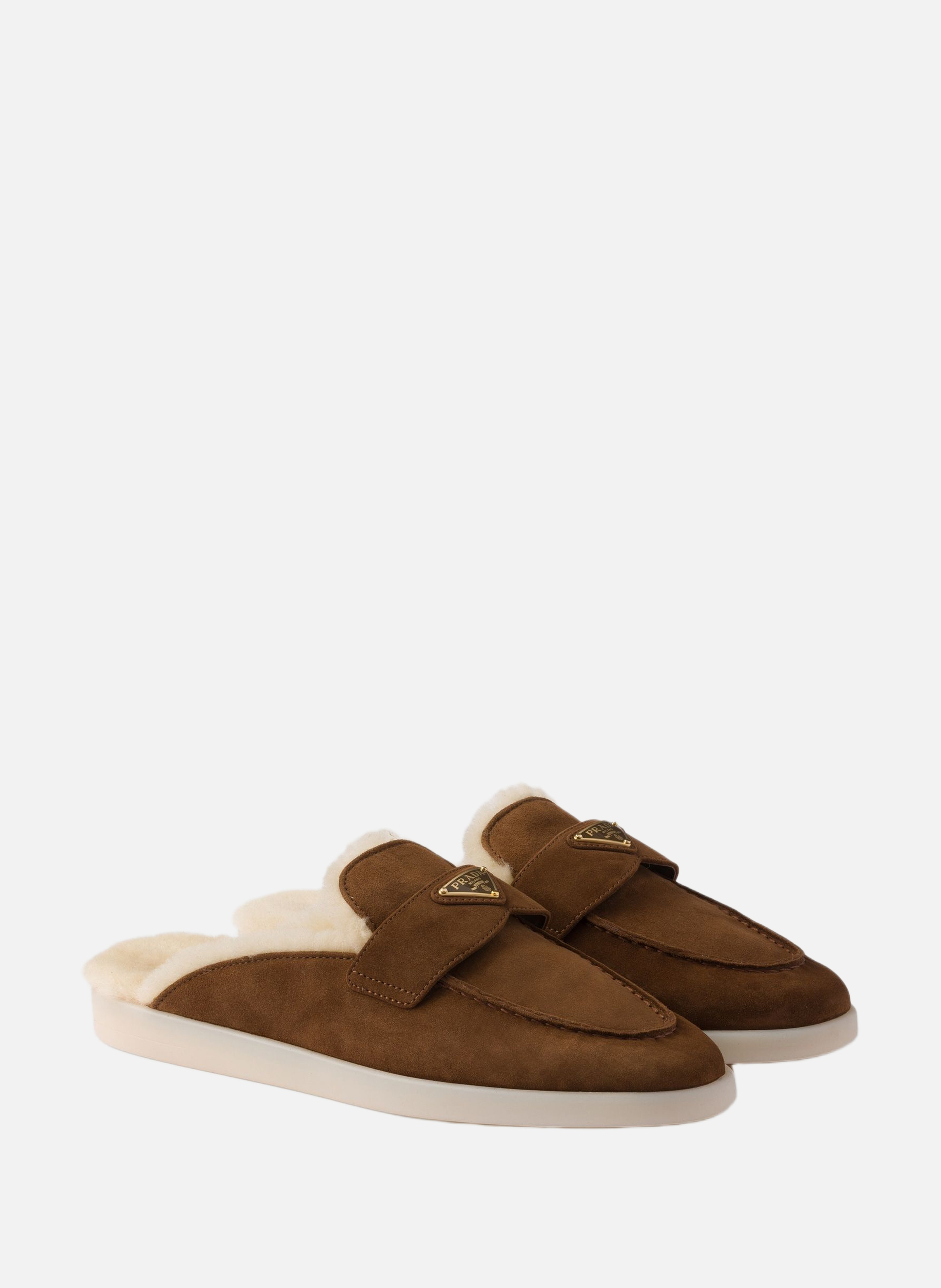 Mules en veau velours et shearling PRADA Marron