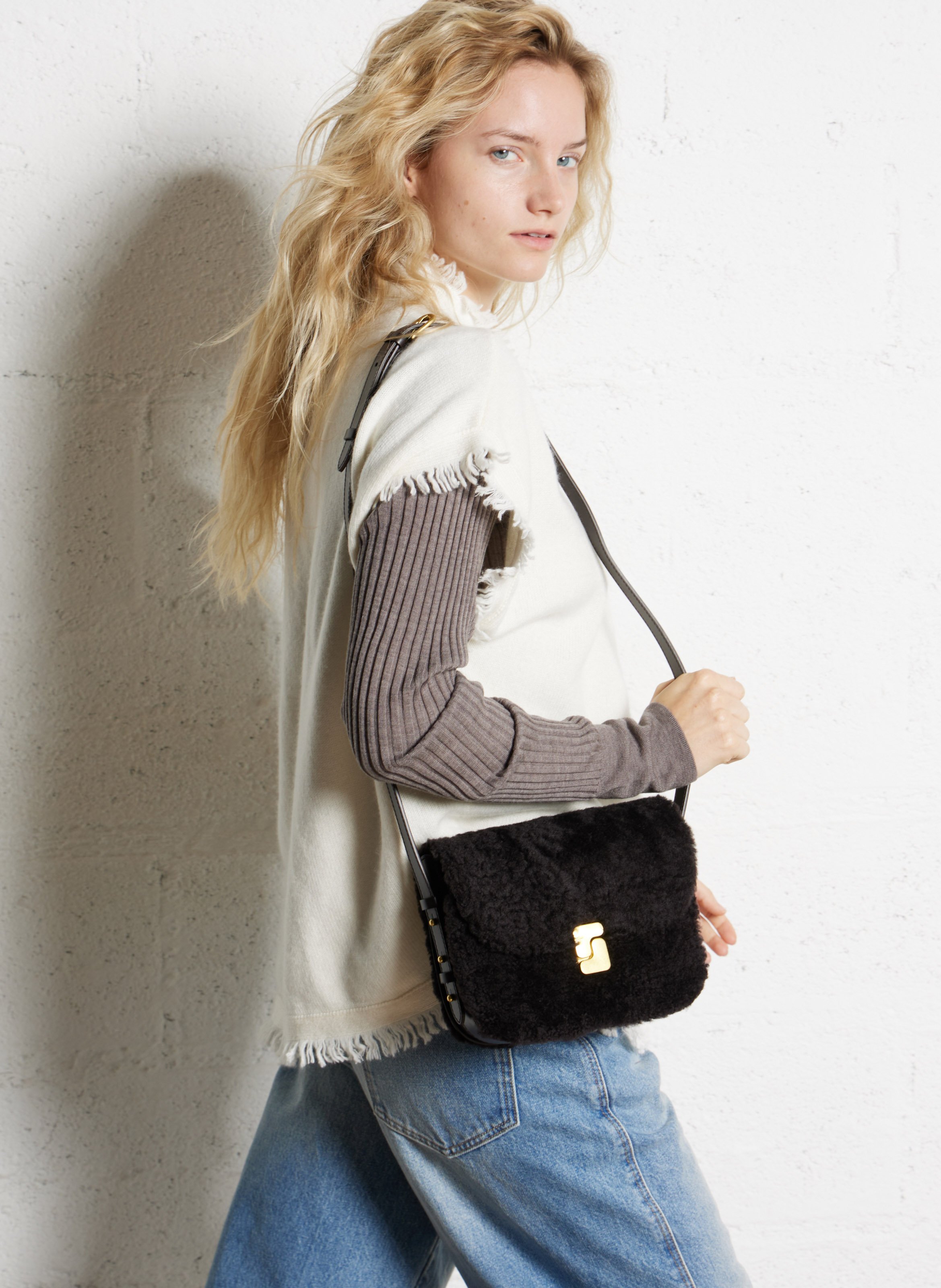 Sac bi-matière en cuir glacé et shearling bellissima mini SOEUR Marron