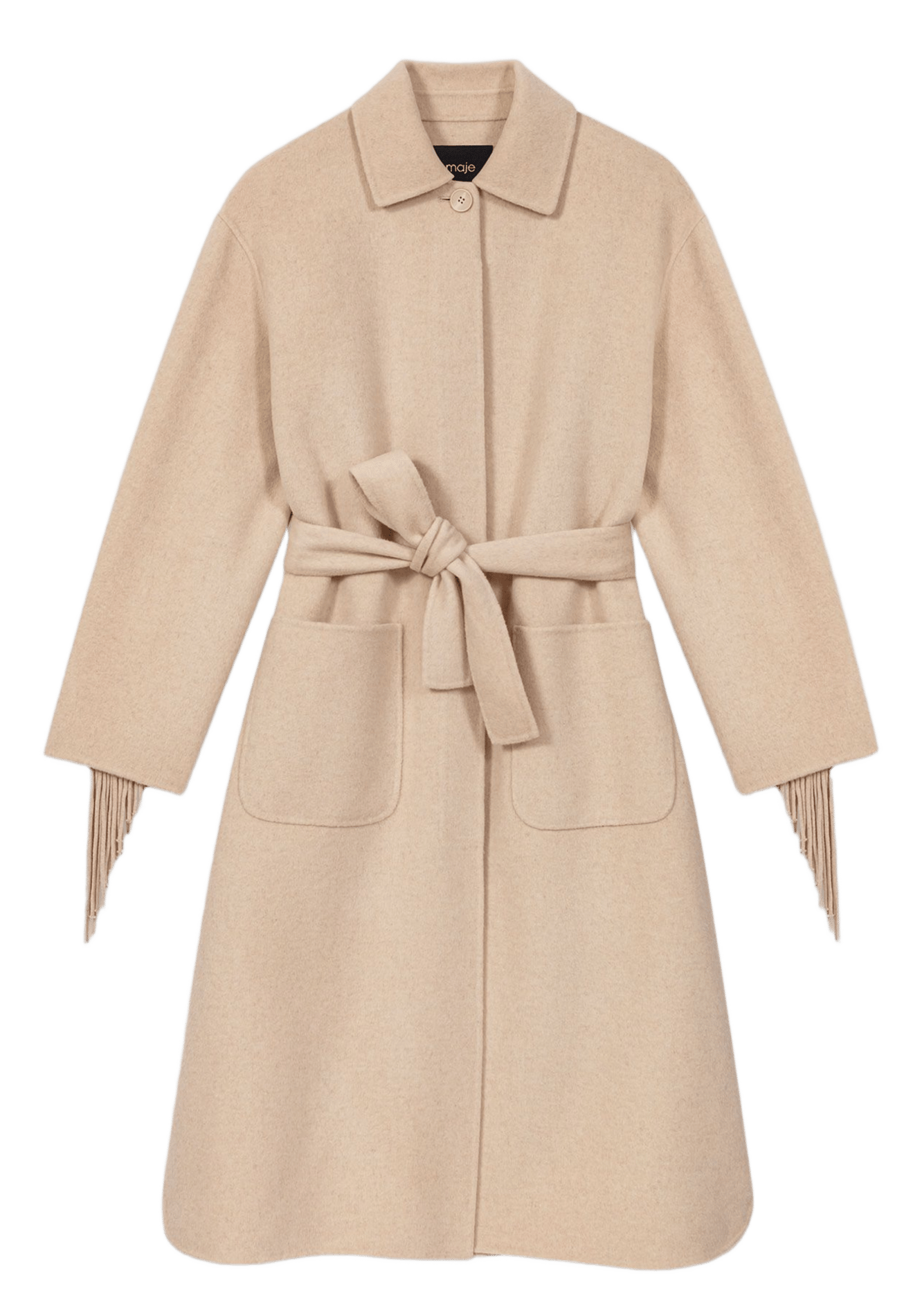 Manteau ceinturé uni à franges MAJE Beige
