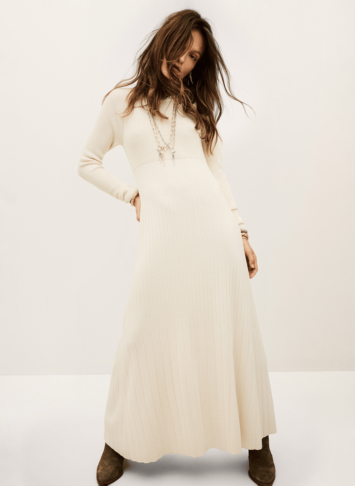 Robe longue col rond en laine mélangée elise BA&SH Beige