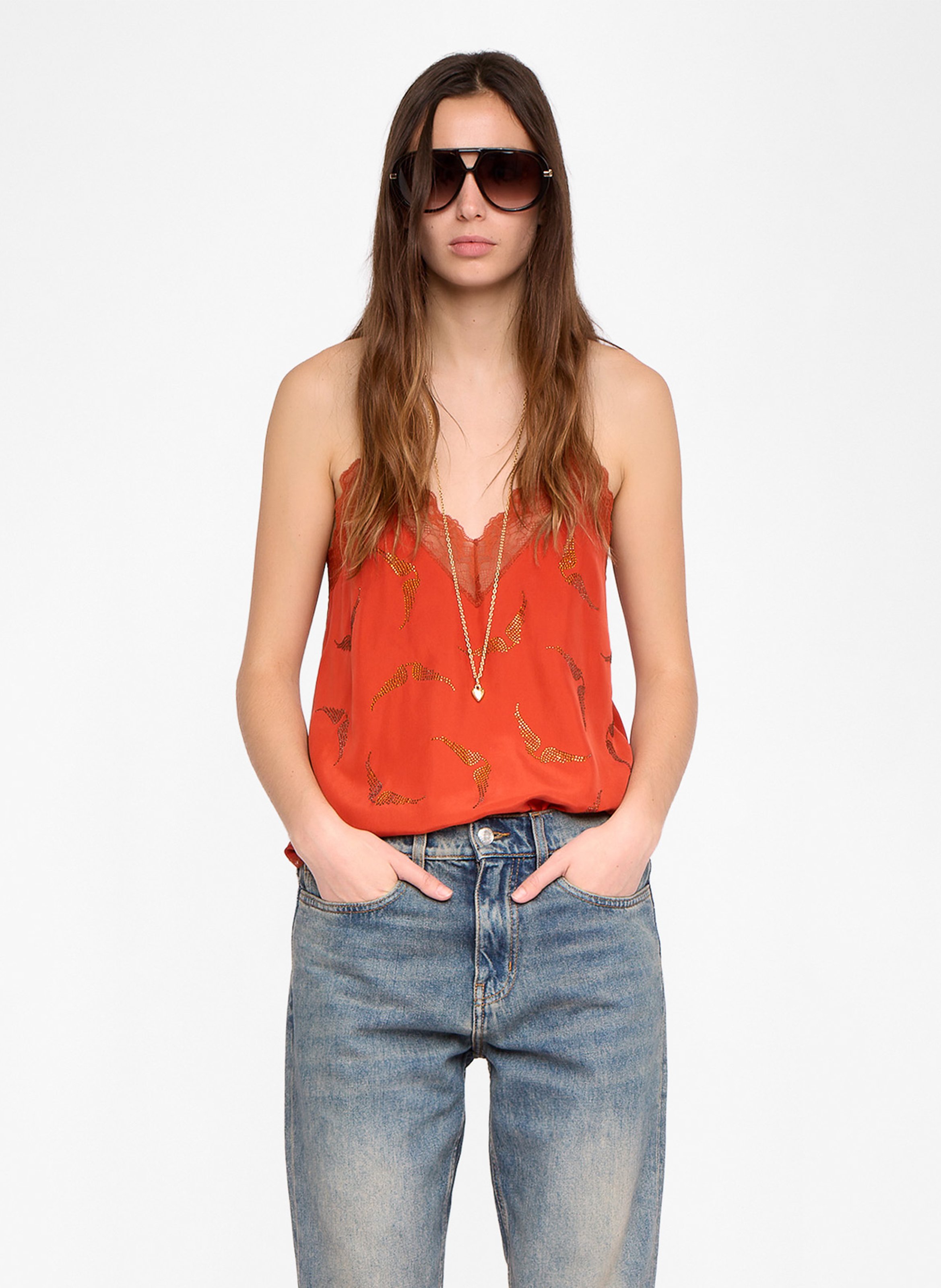 Top bretelles à strass et dentelle en soie christy ZADIG&VOLTAIRE Orange