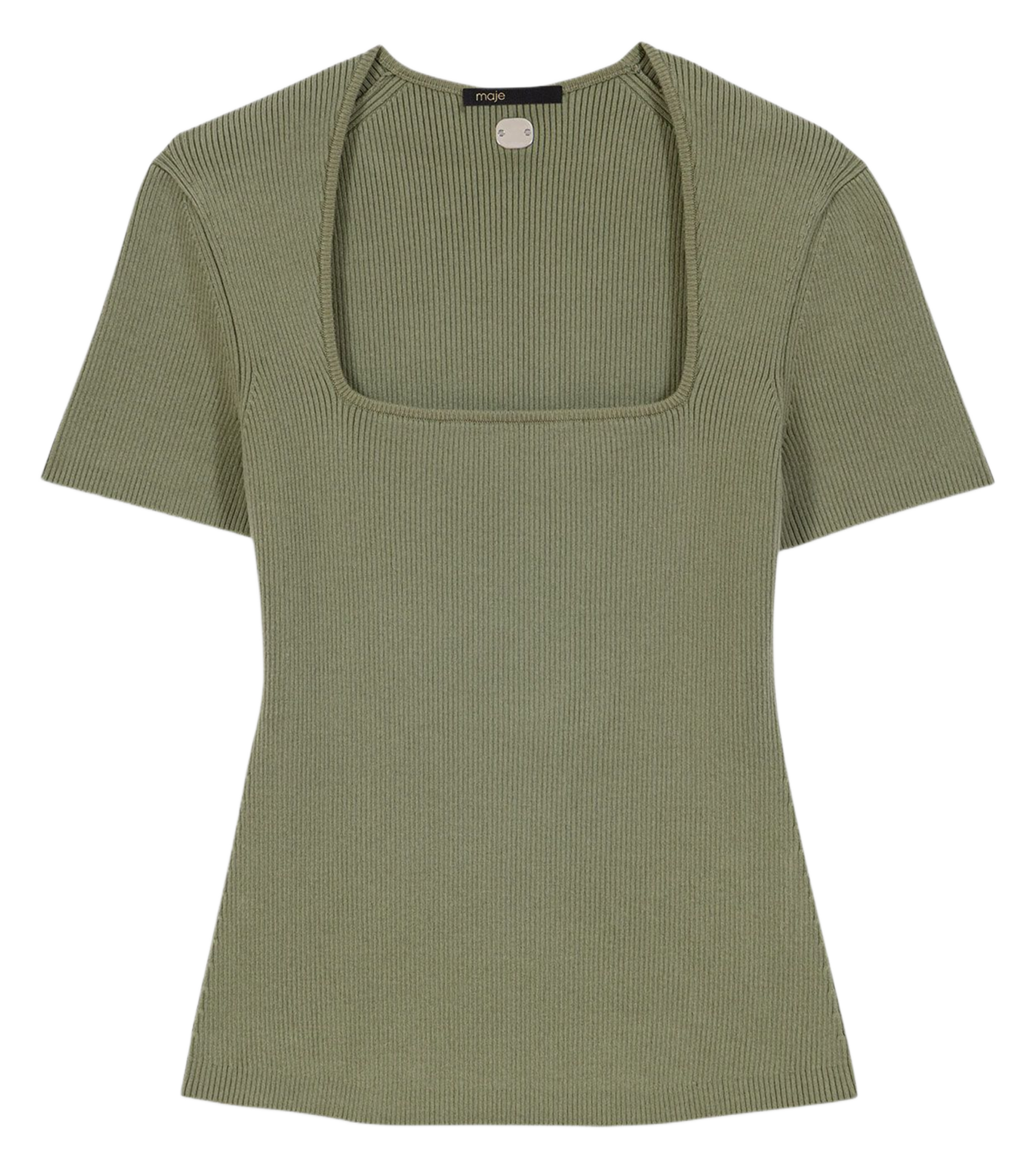 Tee-shirt moulant col carré en coton mélangé MAJE Kaki