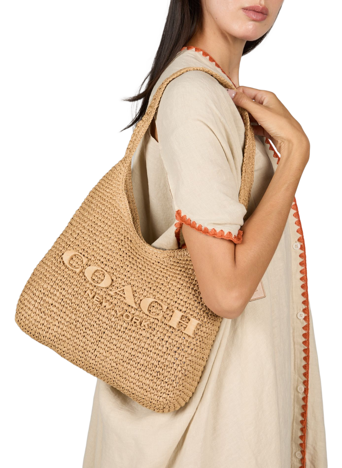 Strohschultertasche COACH Beige