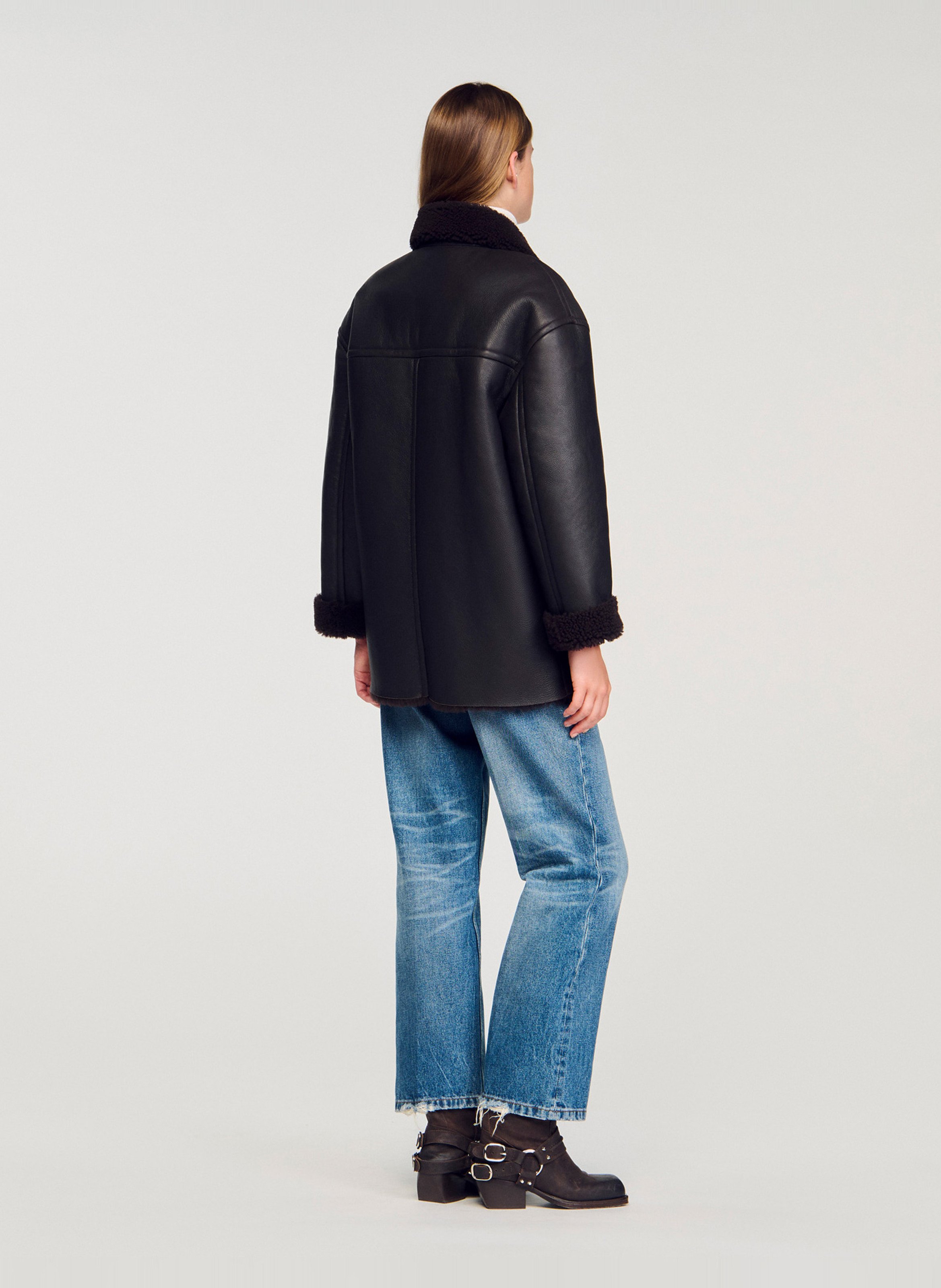 Veste col classique en cuir SANDRO Marron