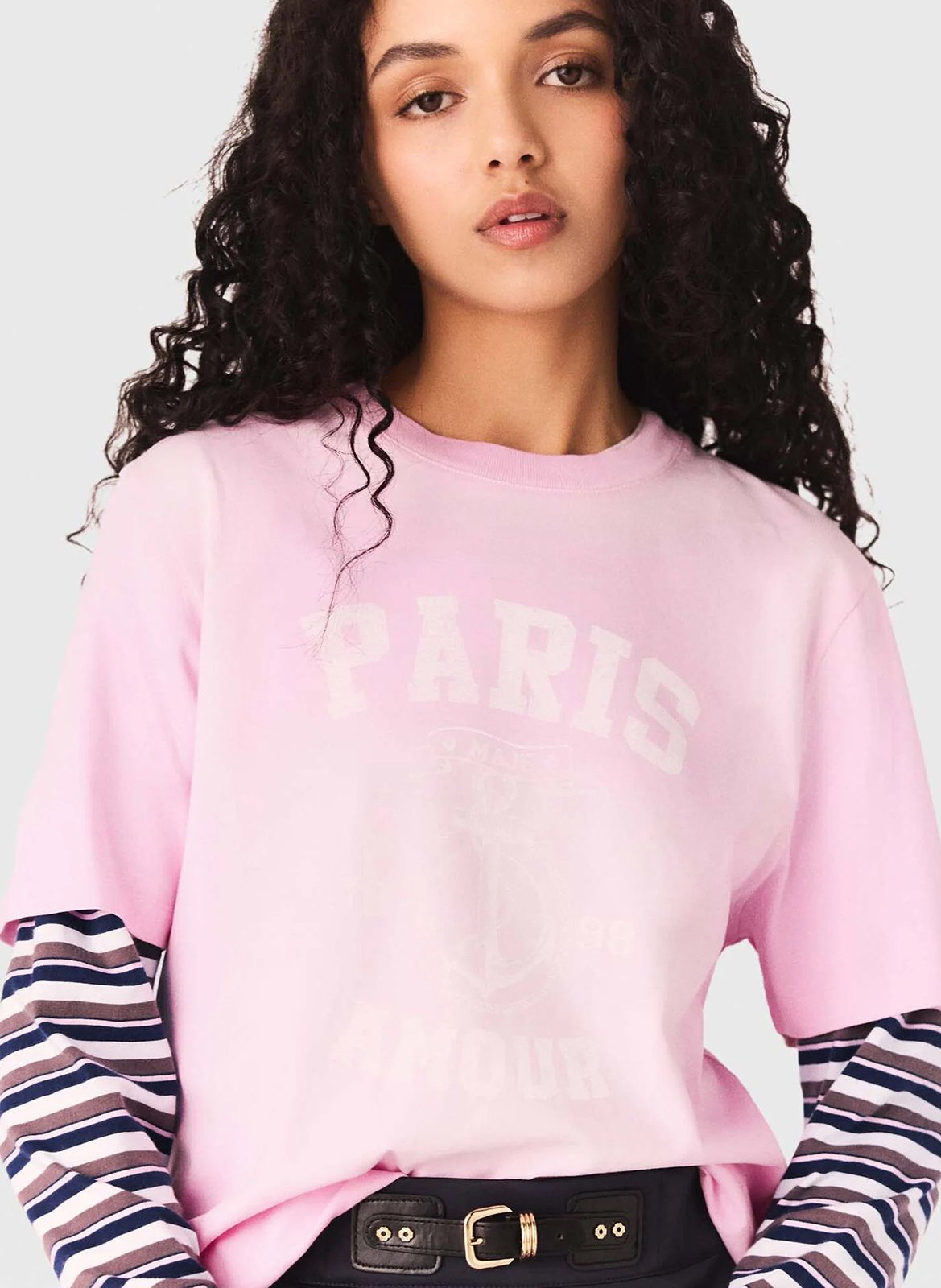 Tee-shirt droit col rond en coton sérigraphié MAJE Rose