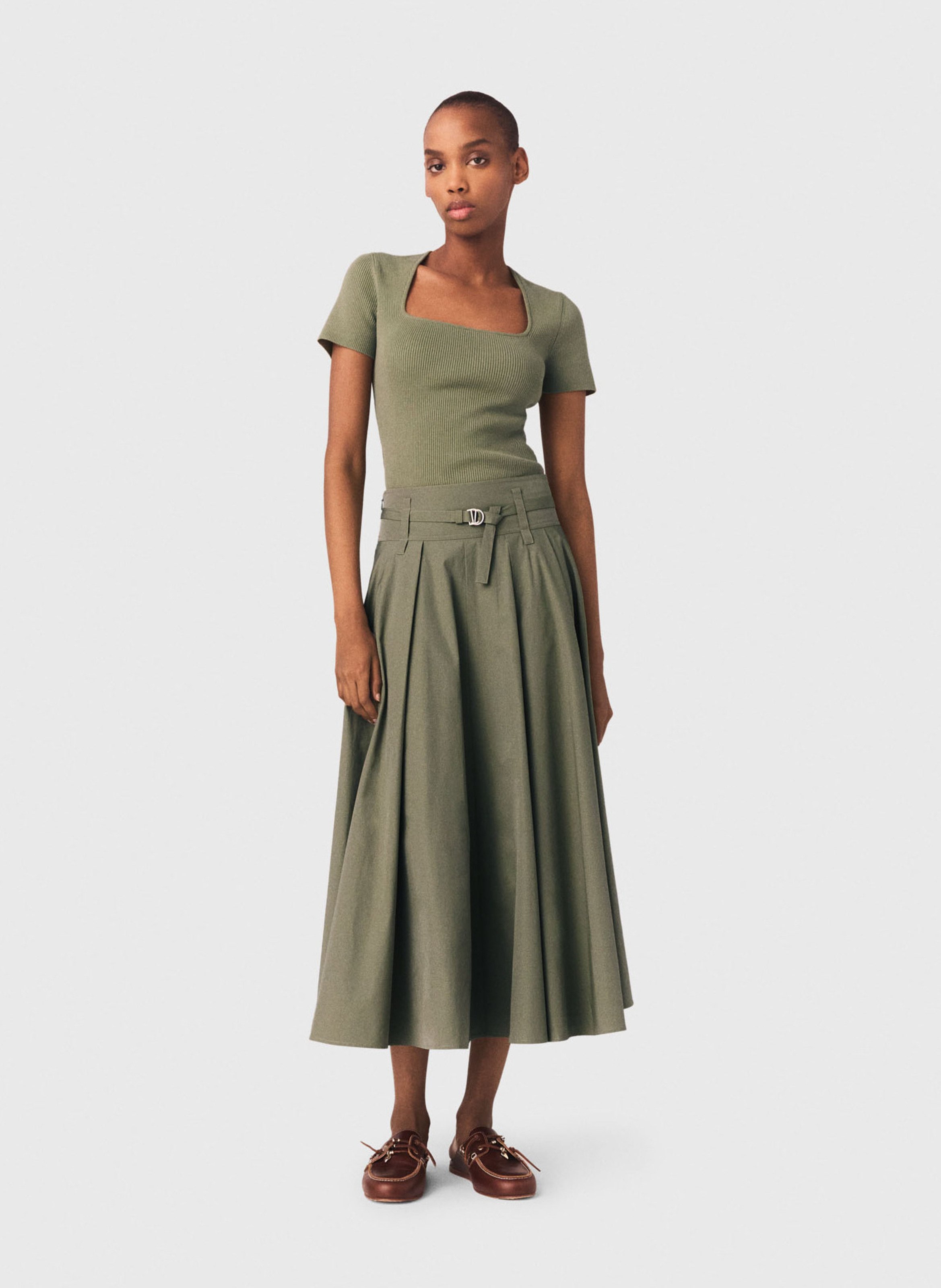 Tee-shirt moulant col carré en coton mélangé MAJE Kaki