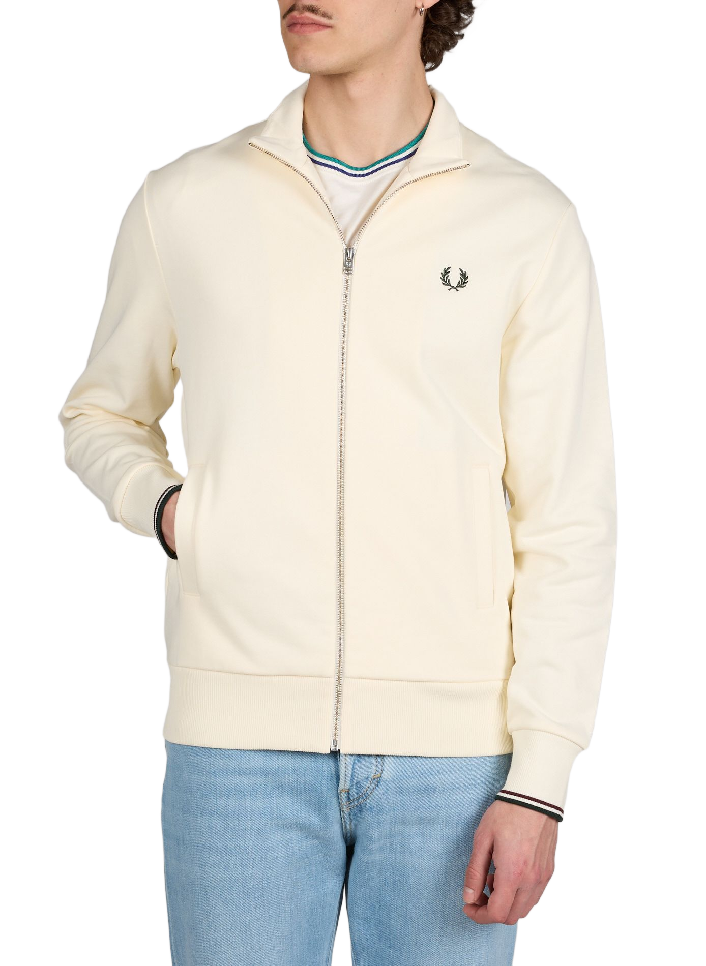 Sweat zippé à col montant en coton FRED PERRY Beige